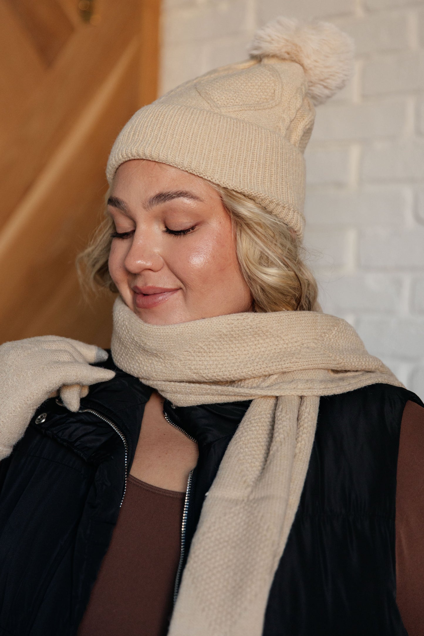 Jane Frost Beanie, Glove, and Scarf Set, Beige