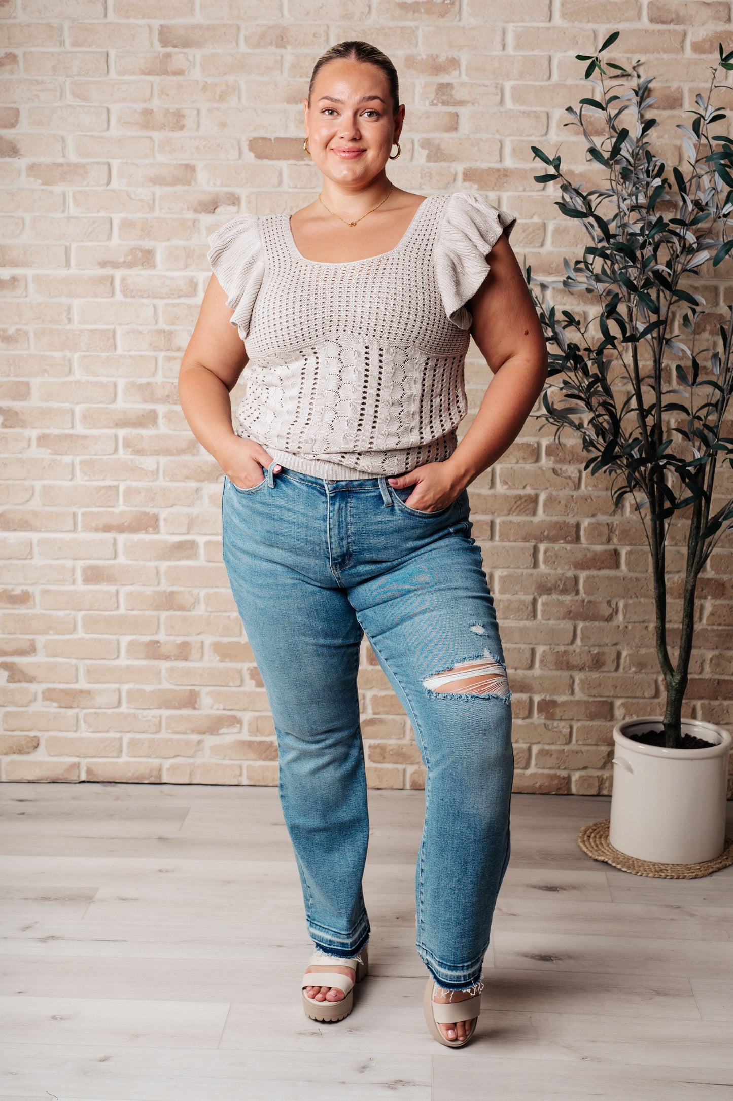 Elle Pointelle Flutter Sleeve Sweater Top