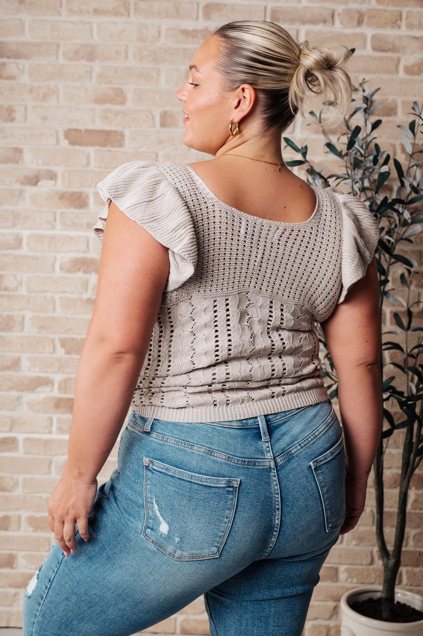 Elle Pointelle Flutter Sleeve Sweater Top