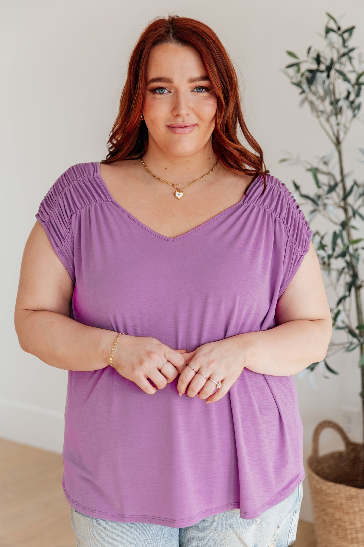 Bloom Ruched Cap Sleeve Top, Lavender