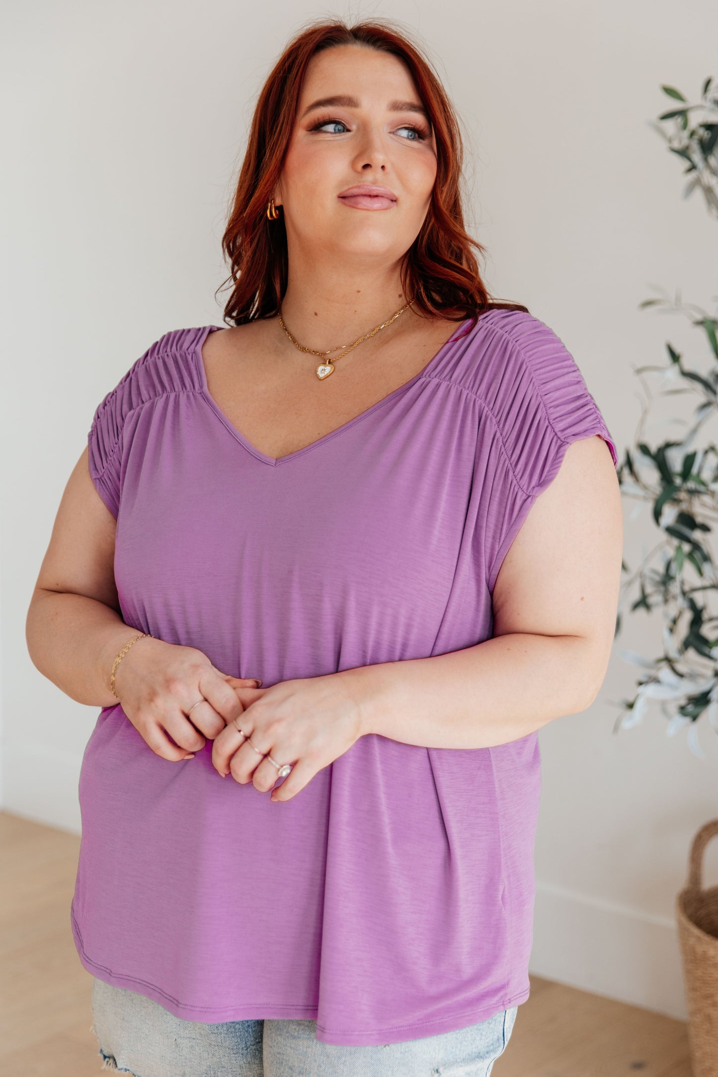 Bloom Ruched Cap Sleeve Top, Lavender