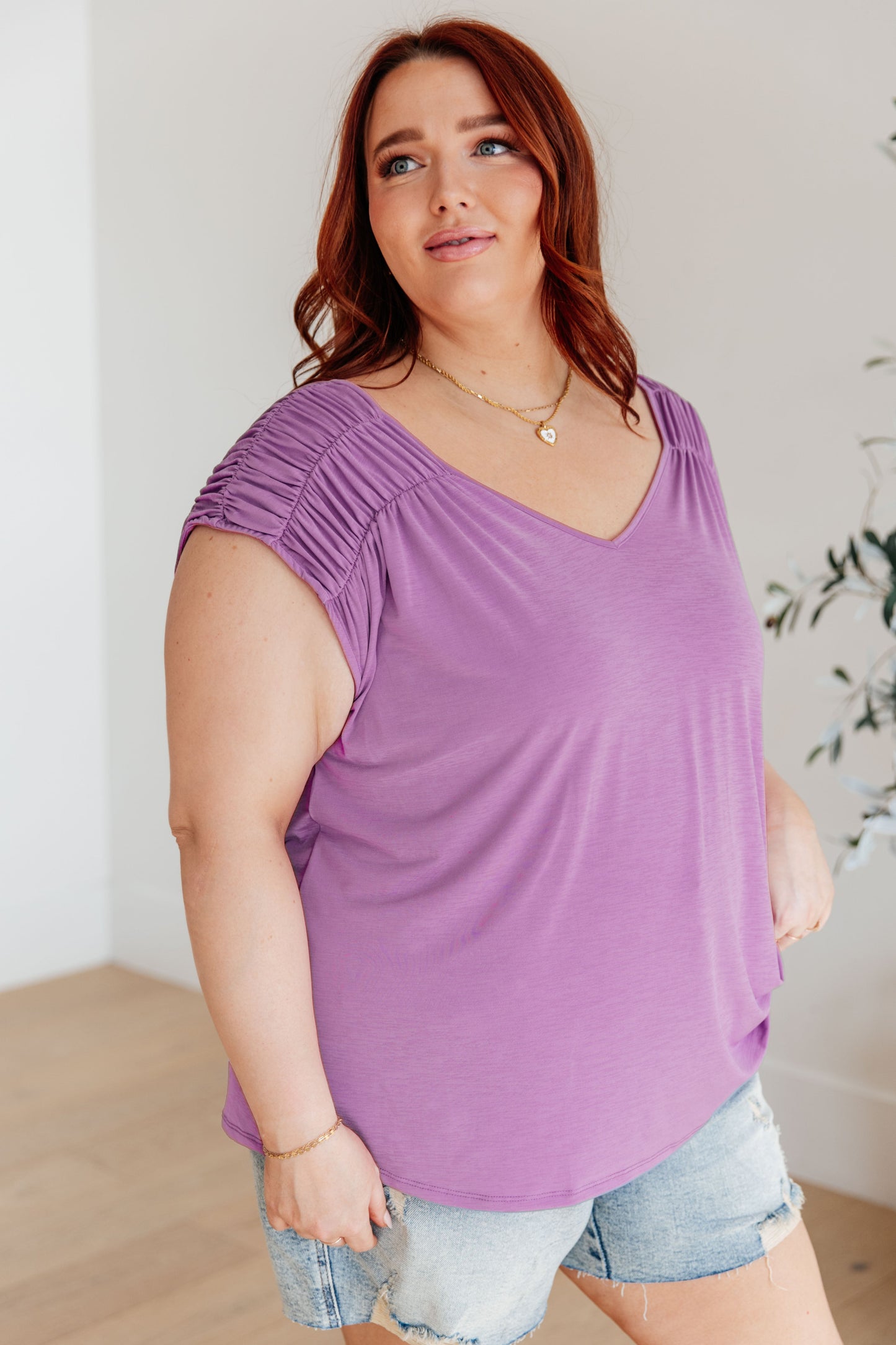 Bloom Ruched Cap Sleeve Top, Lavender