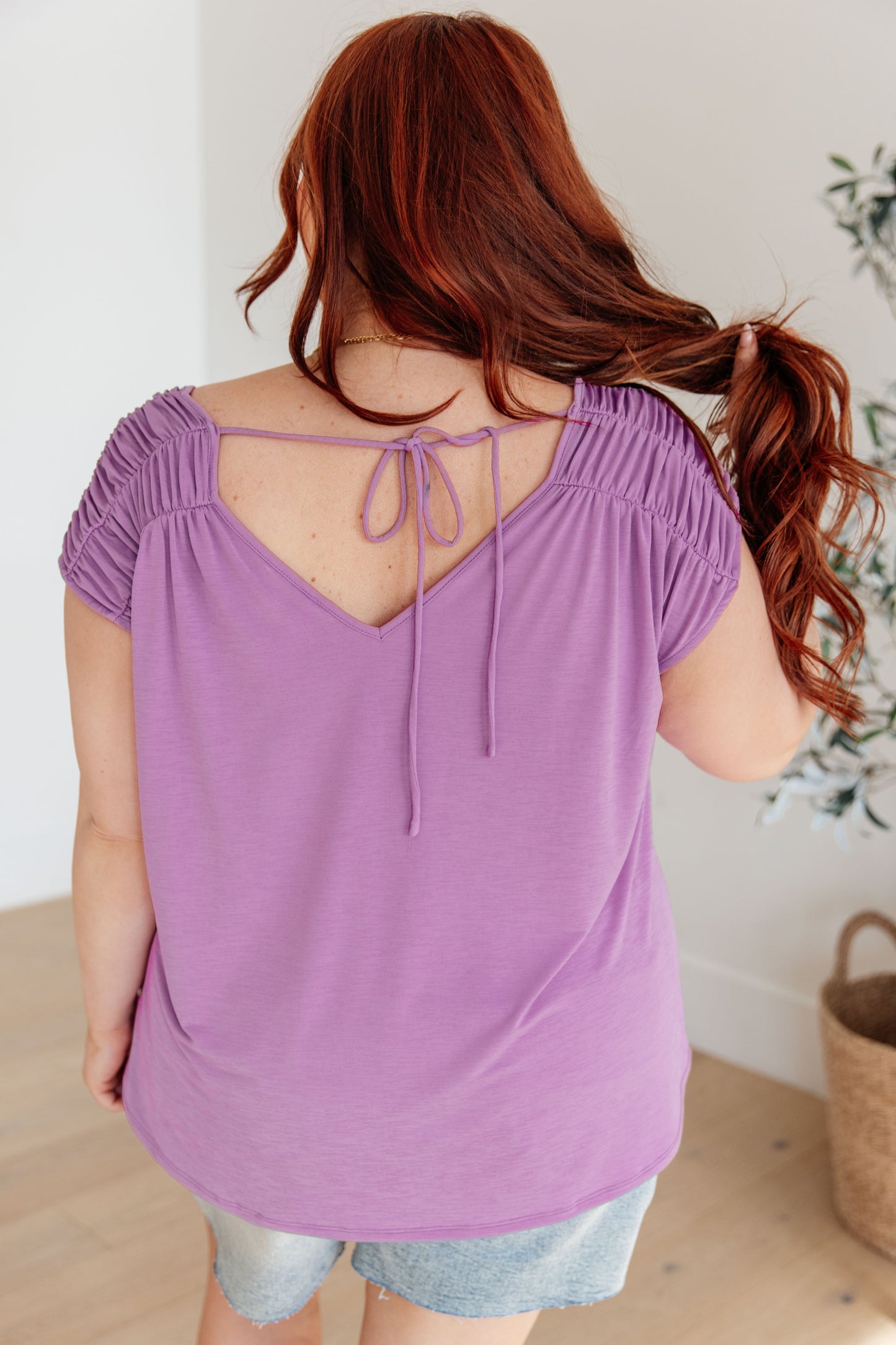 Bloom Ruched Cap Sleeve Top, Lavender