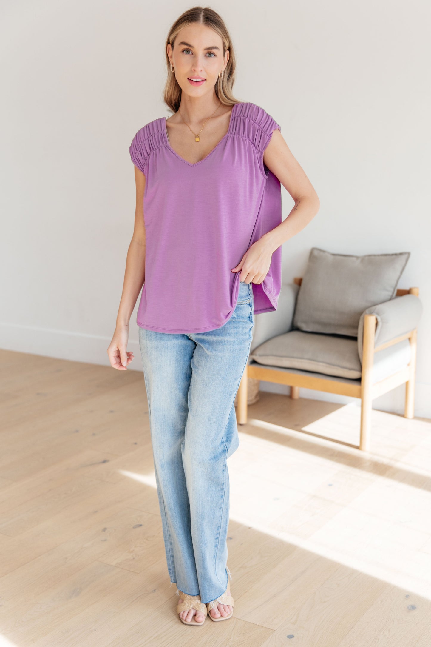 Bloom Ruched Cap Sleeve Top, Lavender