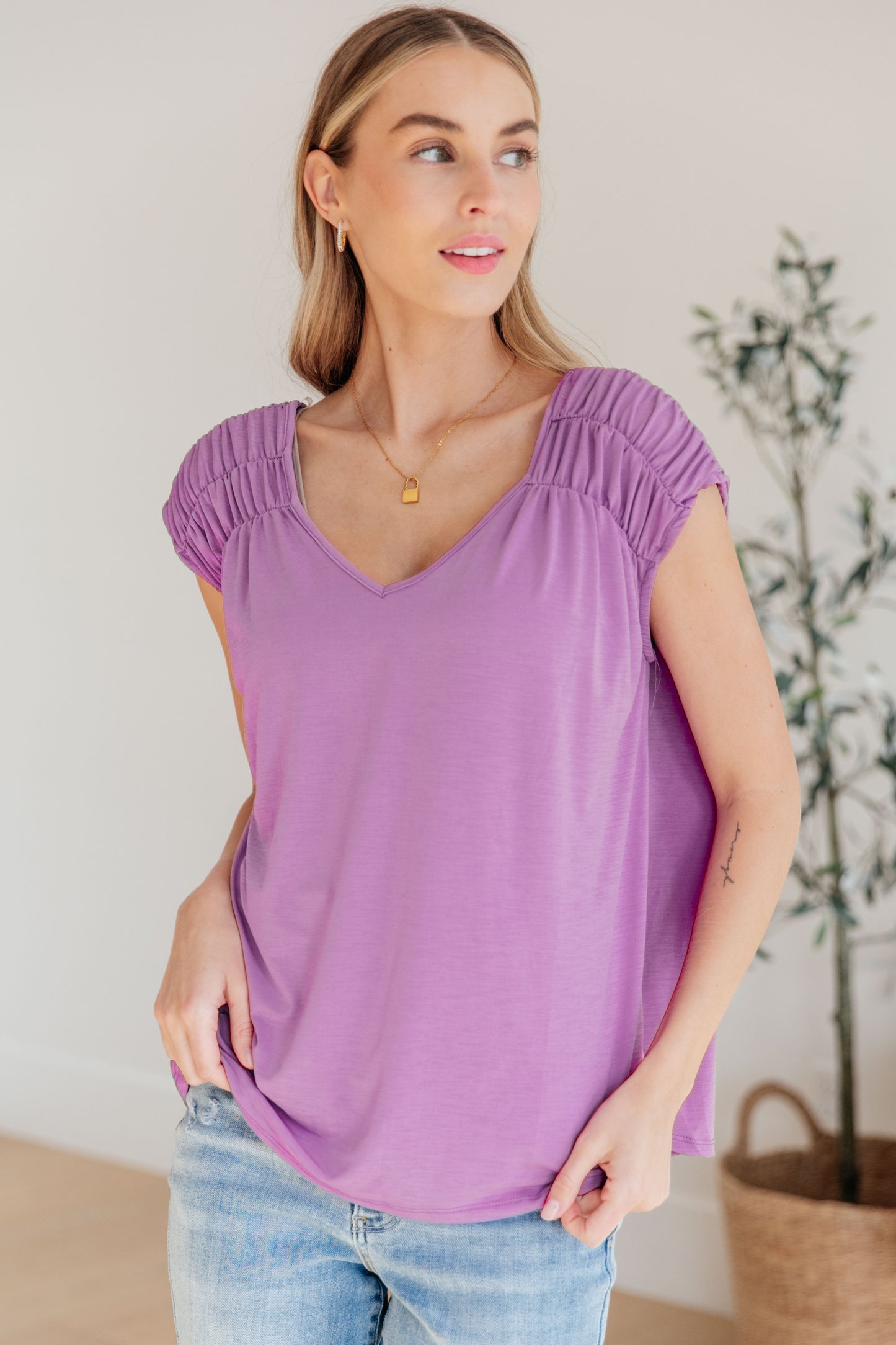 Bloom Ruched Cap Sleeve Top, Lavender