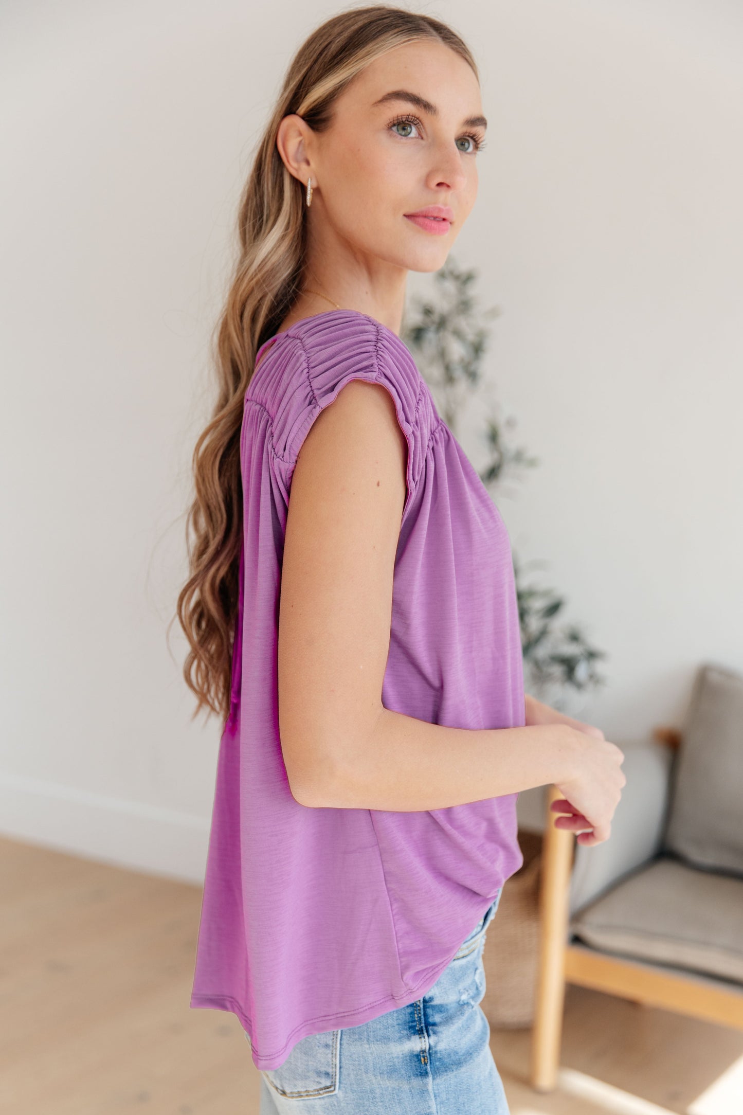 Bloom Ruched Cap Sleeve Top, Lavender