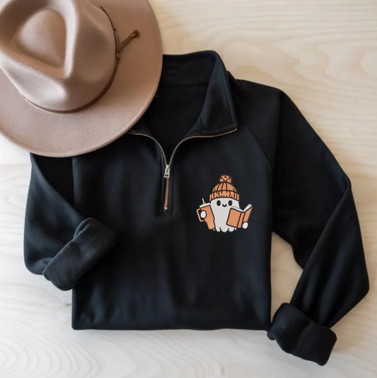 Embroidered Book Ghost Quarter Zip Sweatshirt