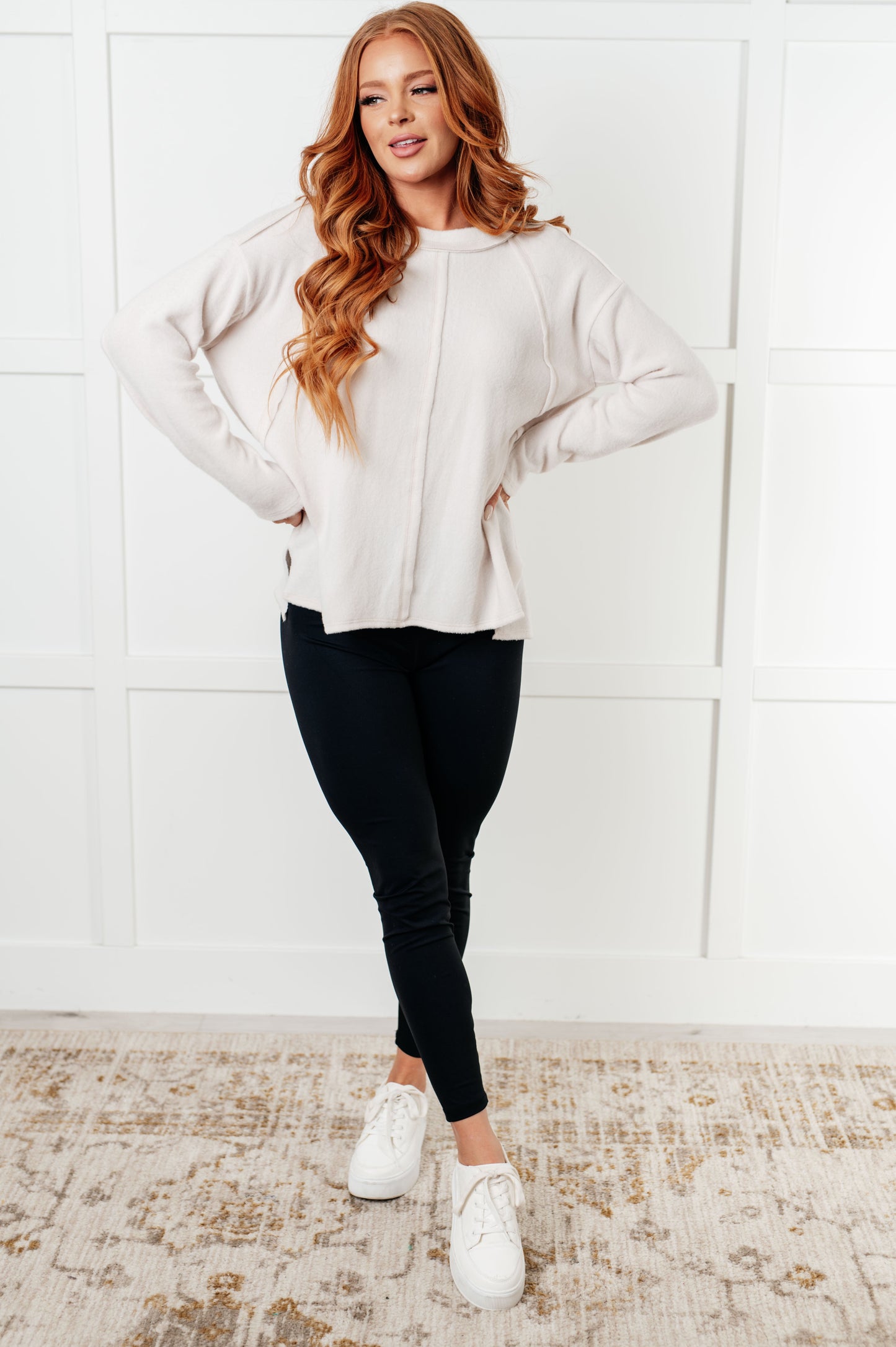 Simple Silhouette Brushed Hacci Sweater, Sand Beige