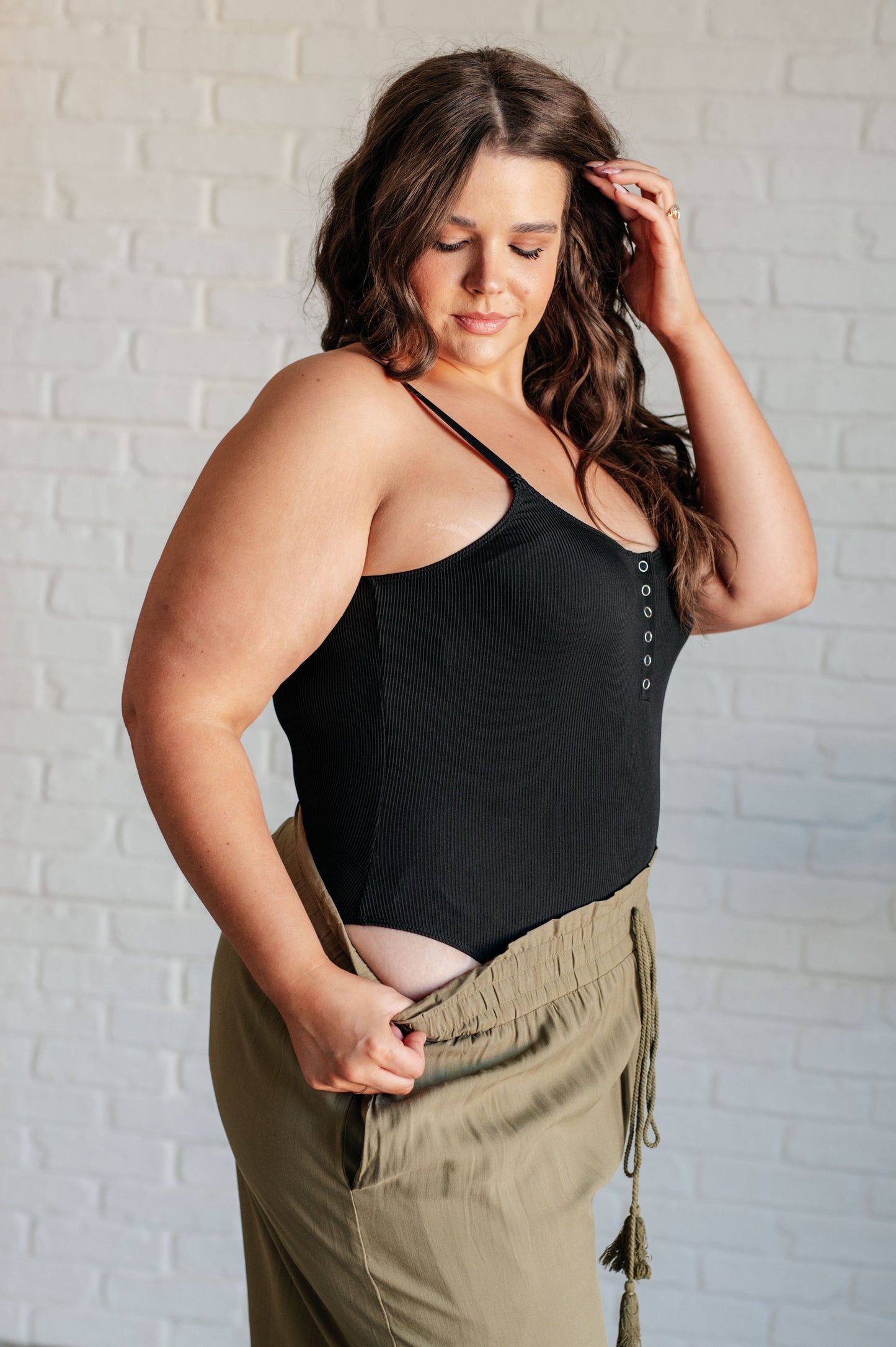 Noir Spaghetti Strap Henley Bodysuit
