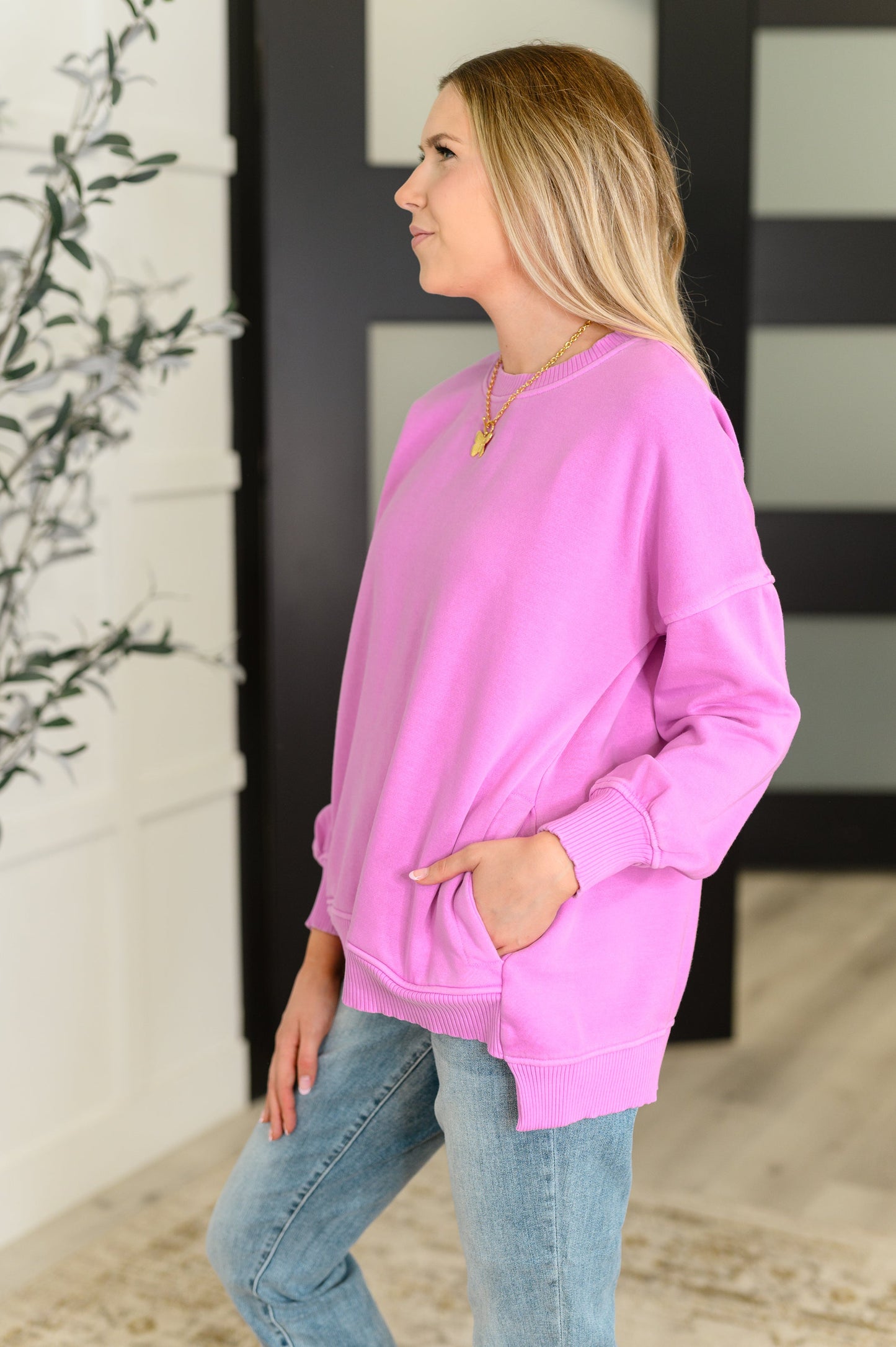 French Terry Pullover with Pockets, Bright Mauve