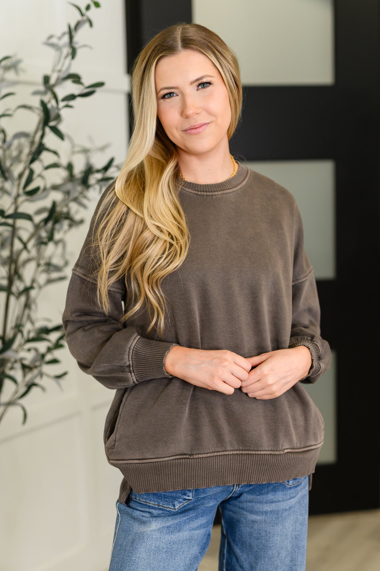 French Terry Pullover with Pockets, Brown