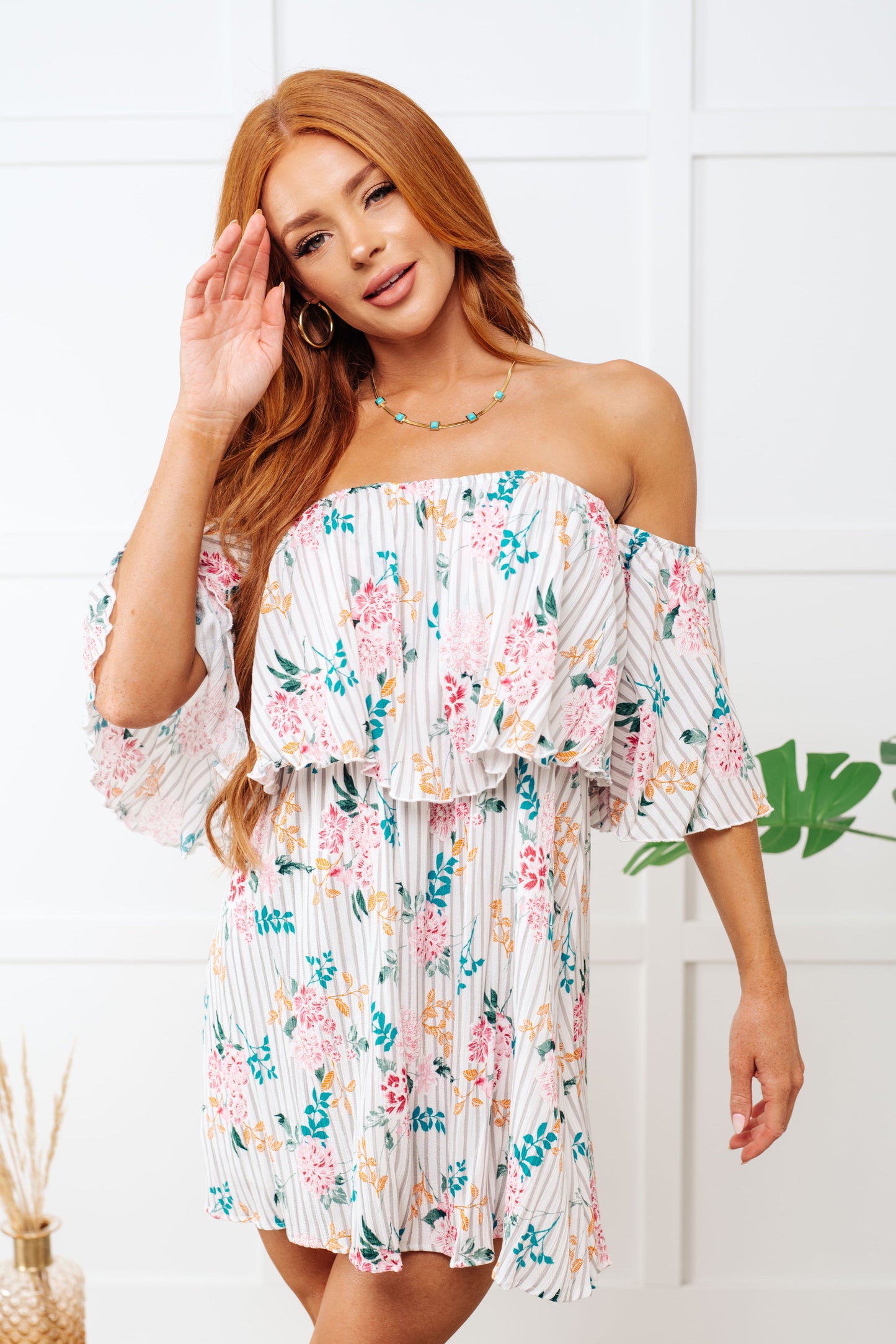 Sonora Off Shoulder Floral Stripe Mini Dress