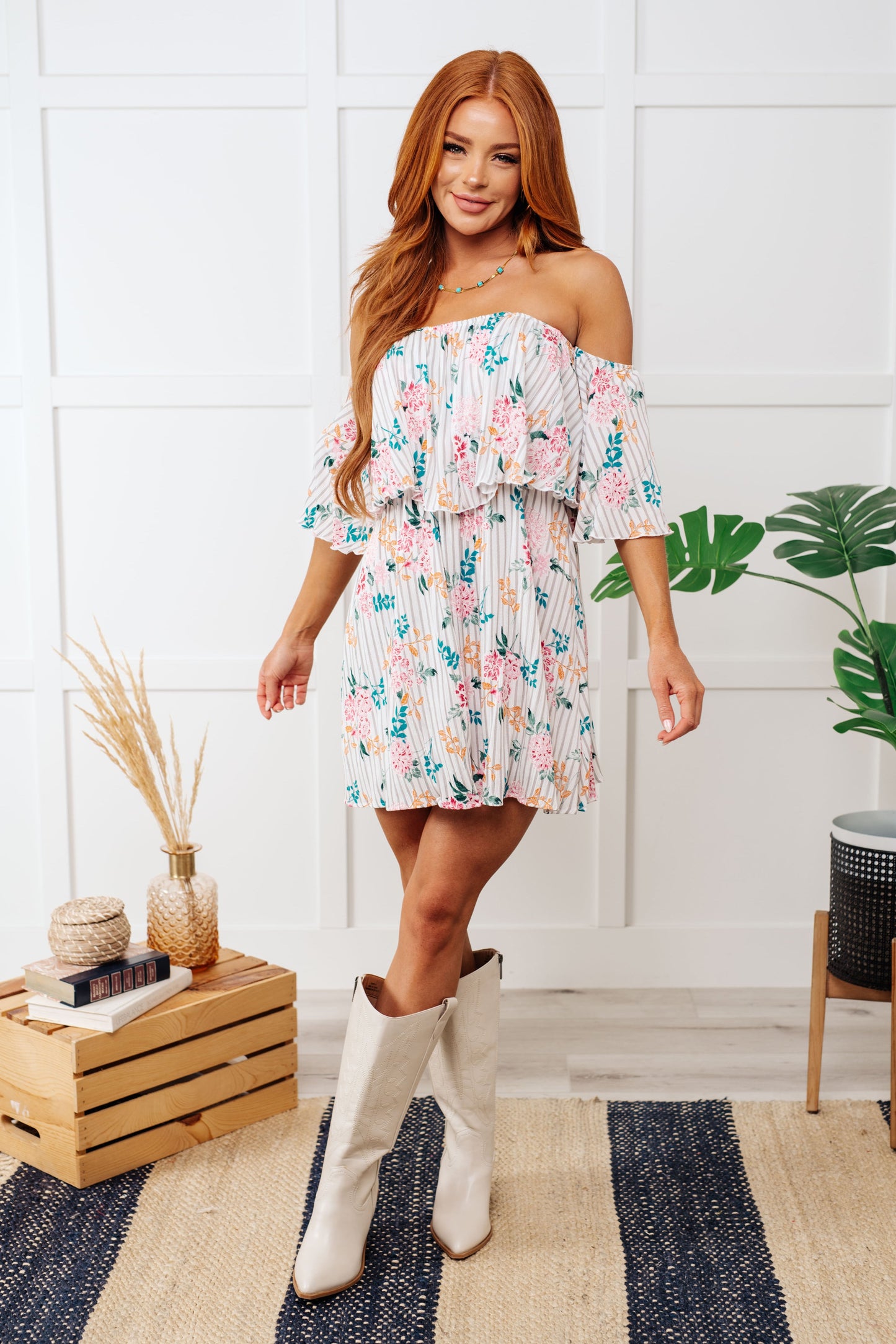 Sonora Off Shoulder Floral Stripe Mini Dress