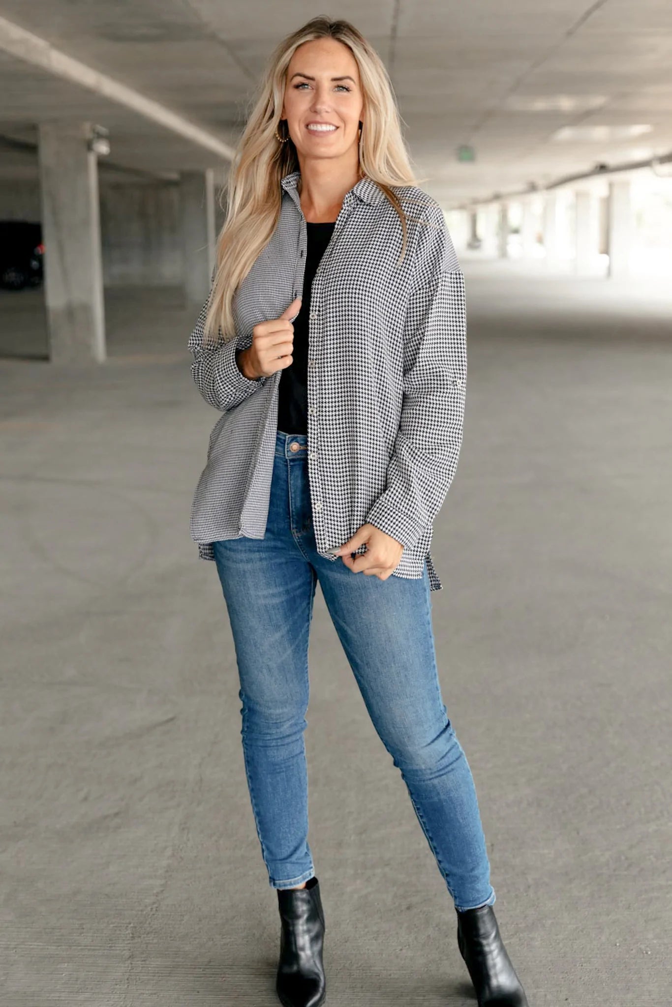 Mixed Houndstooth Button Front Top