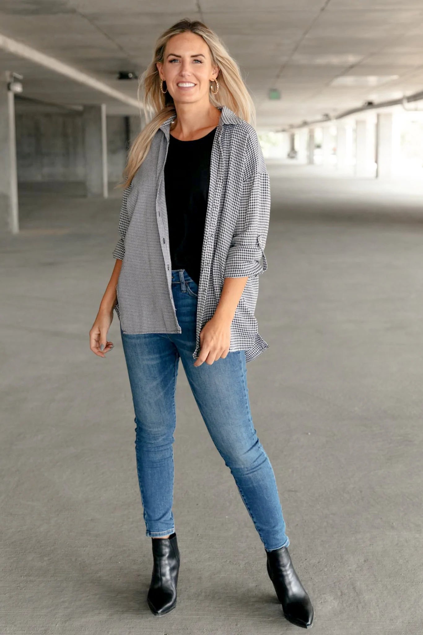 Mixed Houndstooth Button Front Top