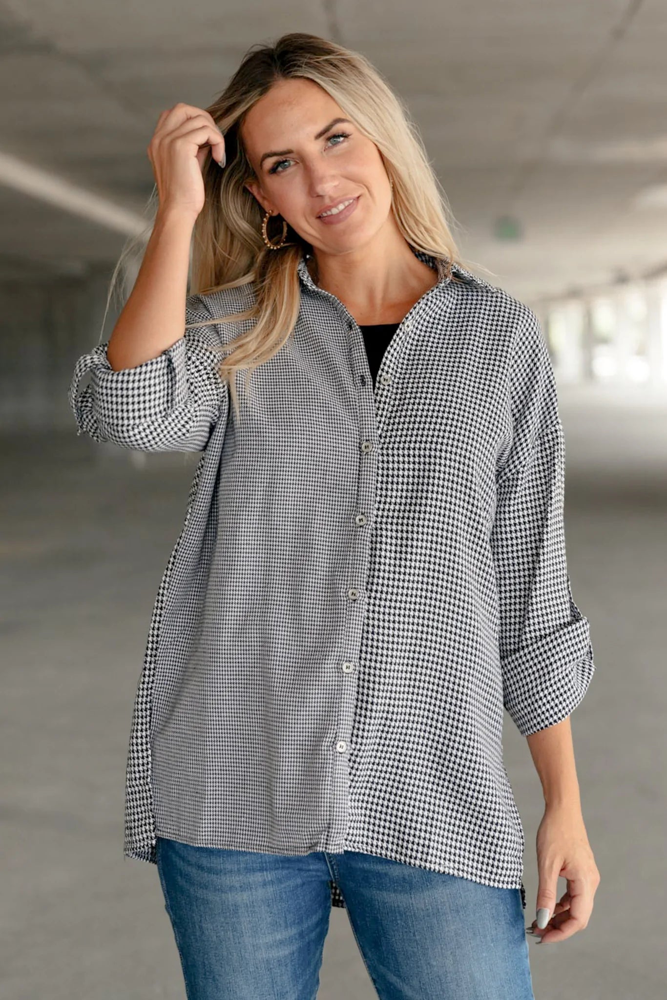 Mixed Houndstooth Button Front Top