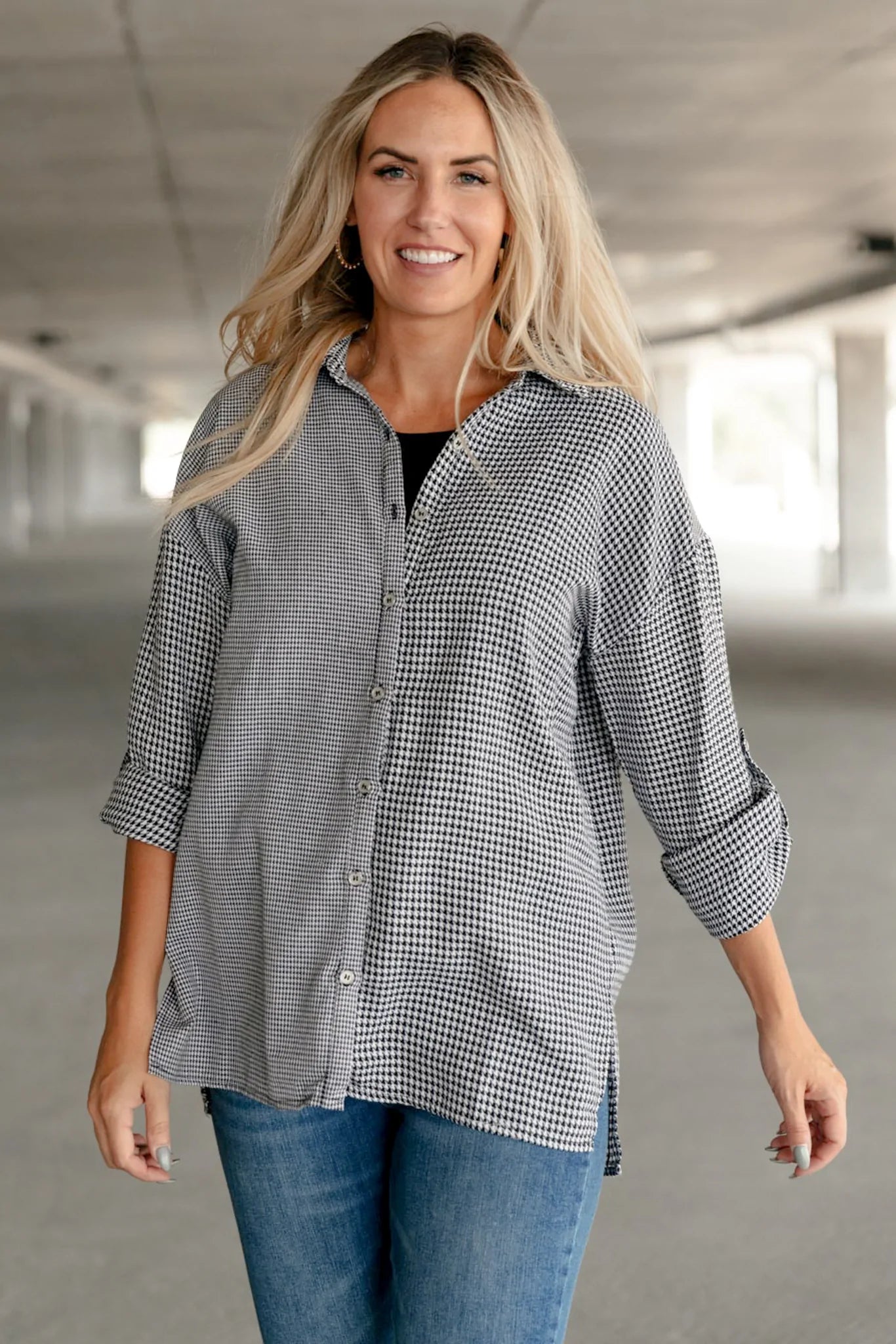 Mixed Houndstooth Button Front Top