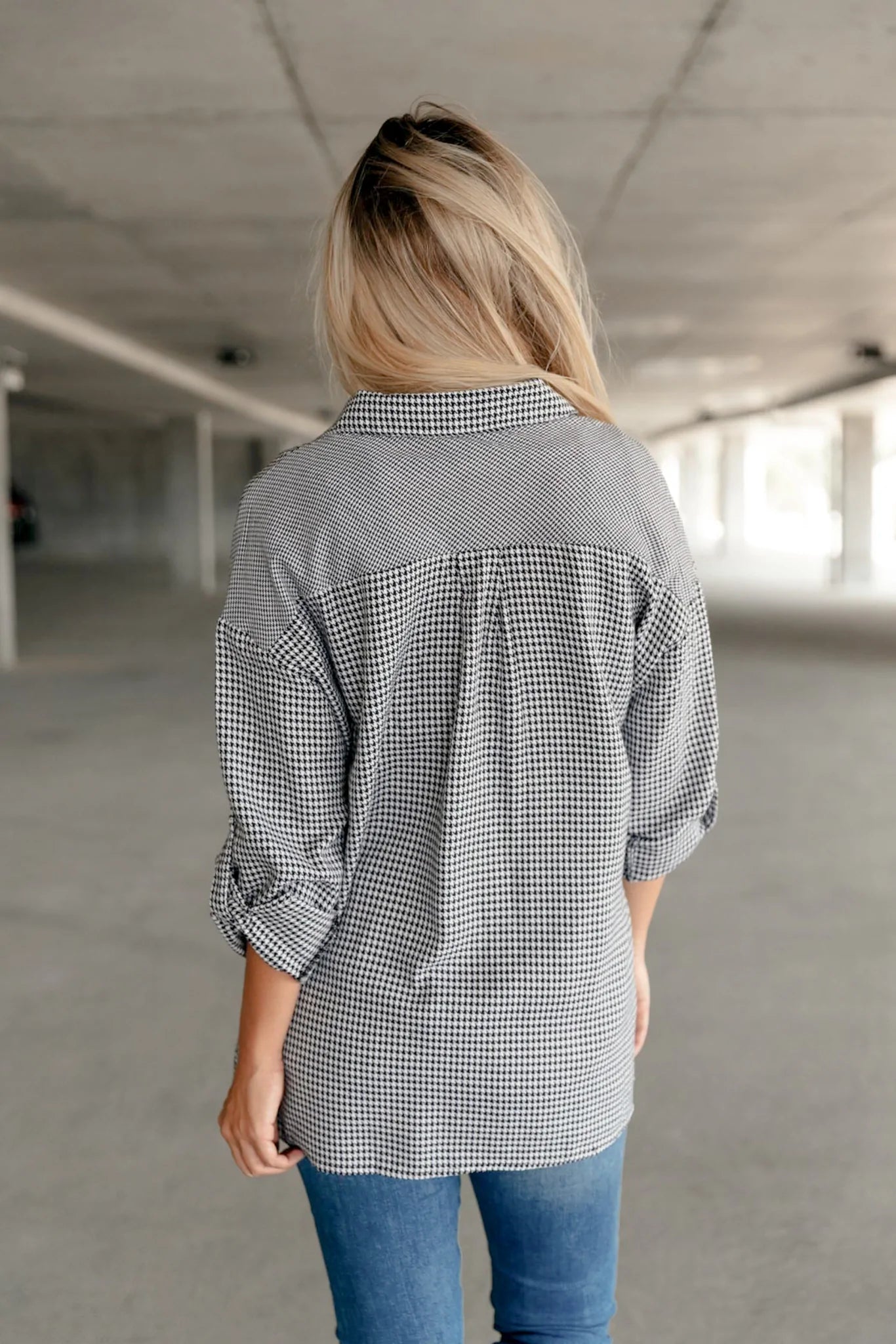 Mixed Houndstooth Button Front Top