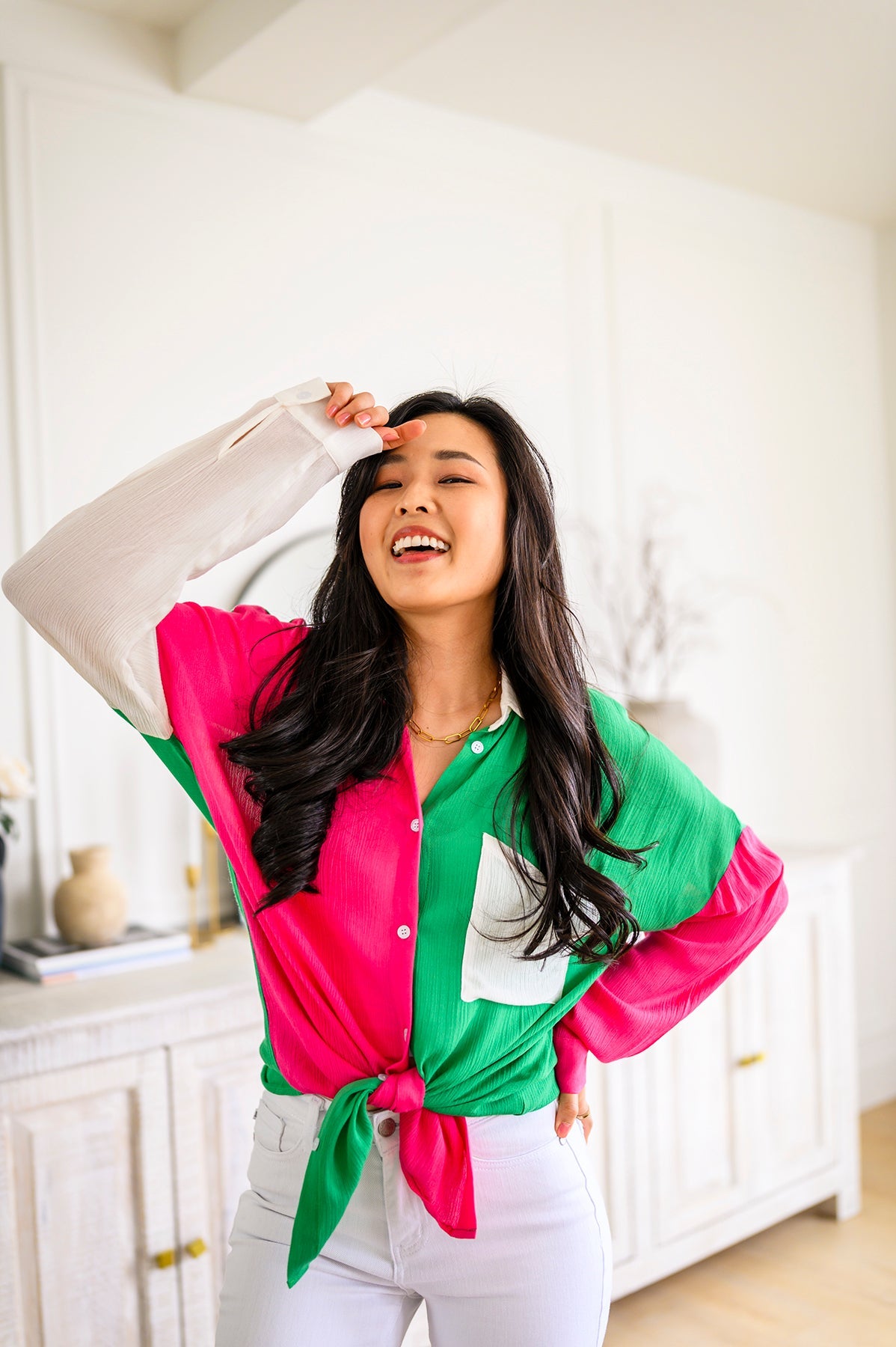 Pink & Green Color Block Button Front Top