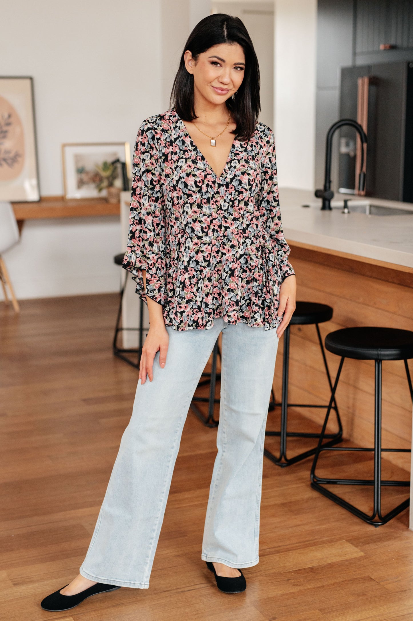 Have It All Angel Sleeve Top, Black Floral