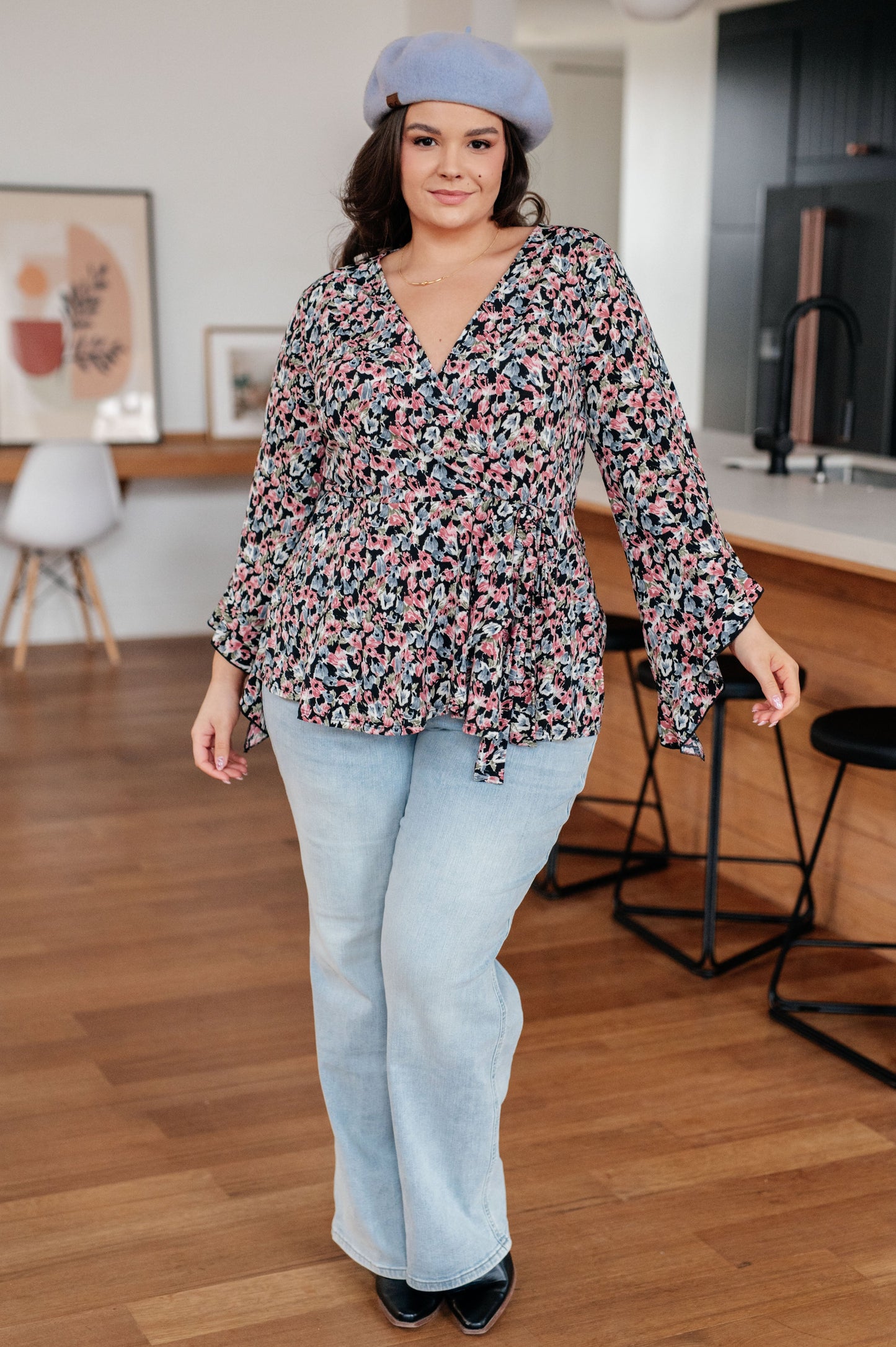 Have It All Angel Sleeve Top, Black Floral