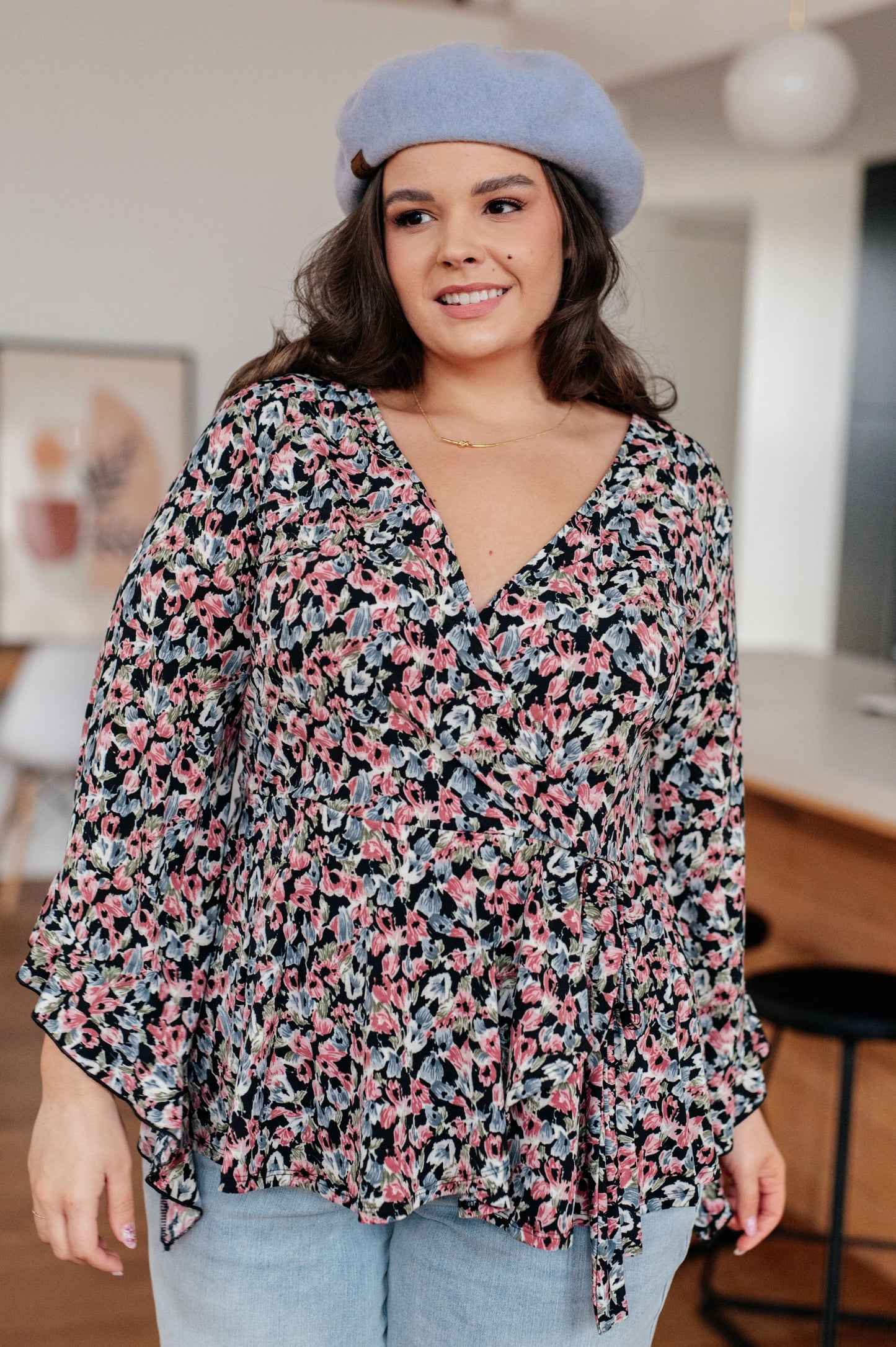 Have It All Angel Sleeve Top, Black Floral
