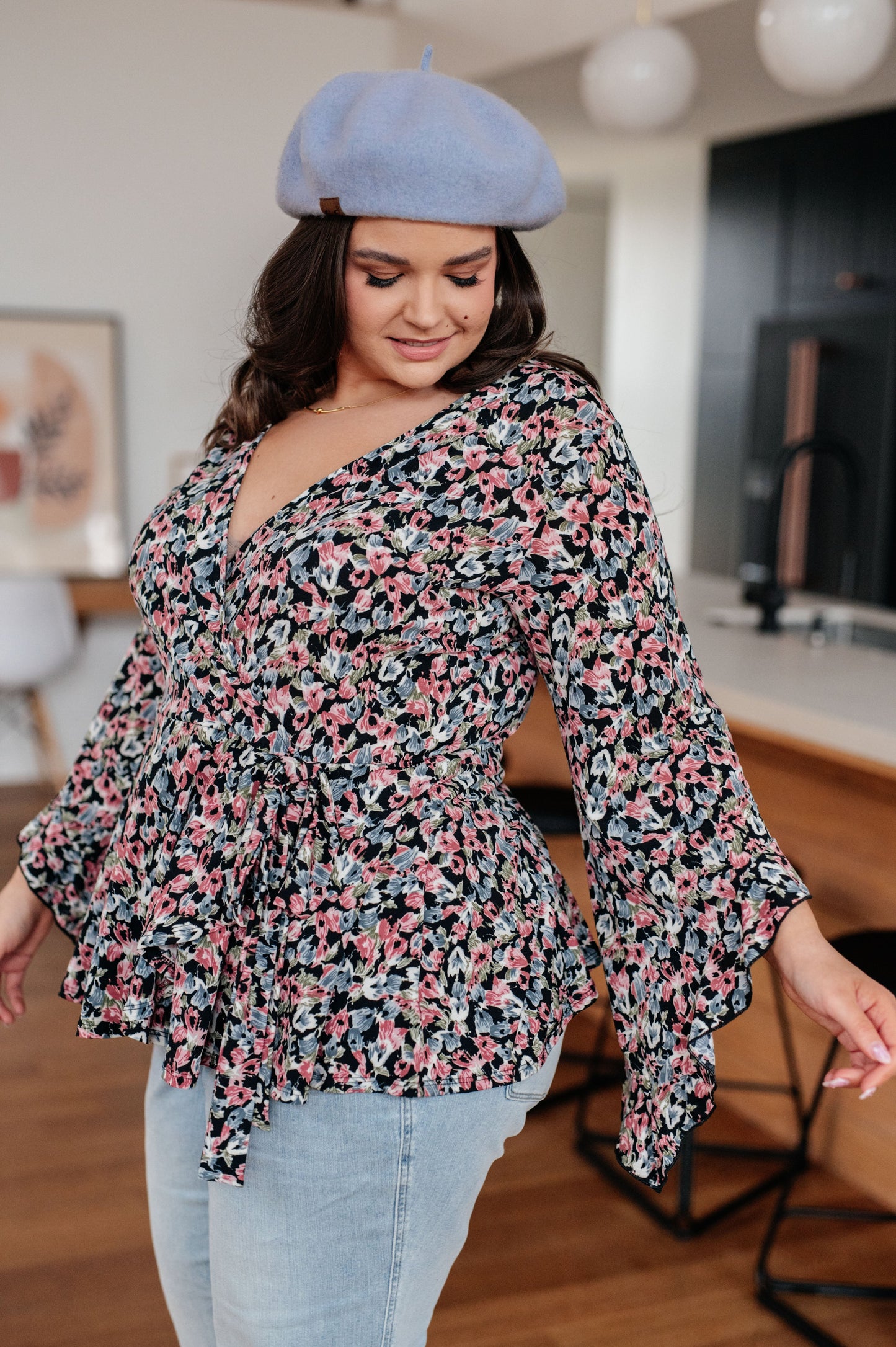 Have It All Angel Sleeve Top, Black Floral