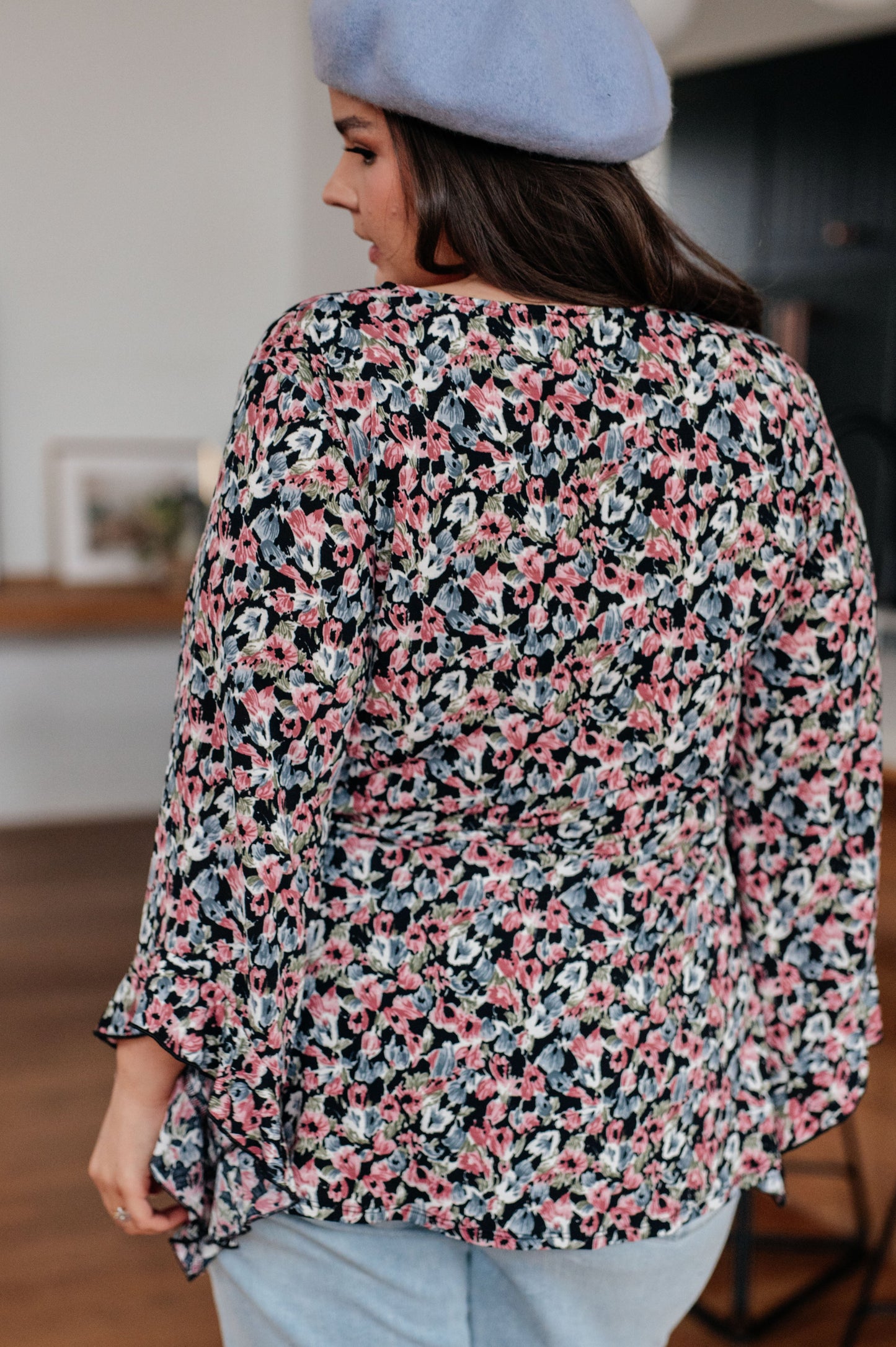 Have It All Angel Sleeve Top, Black Floral