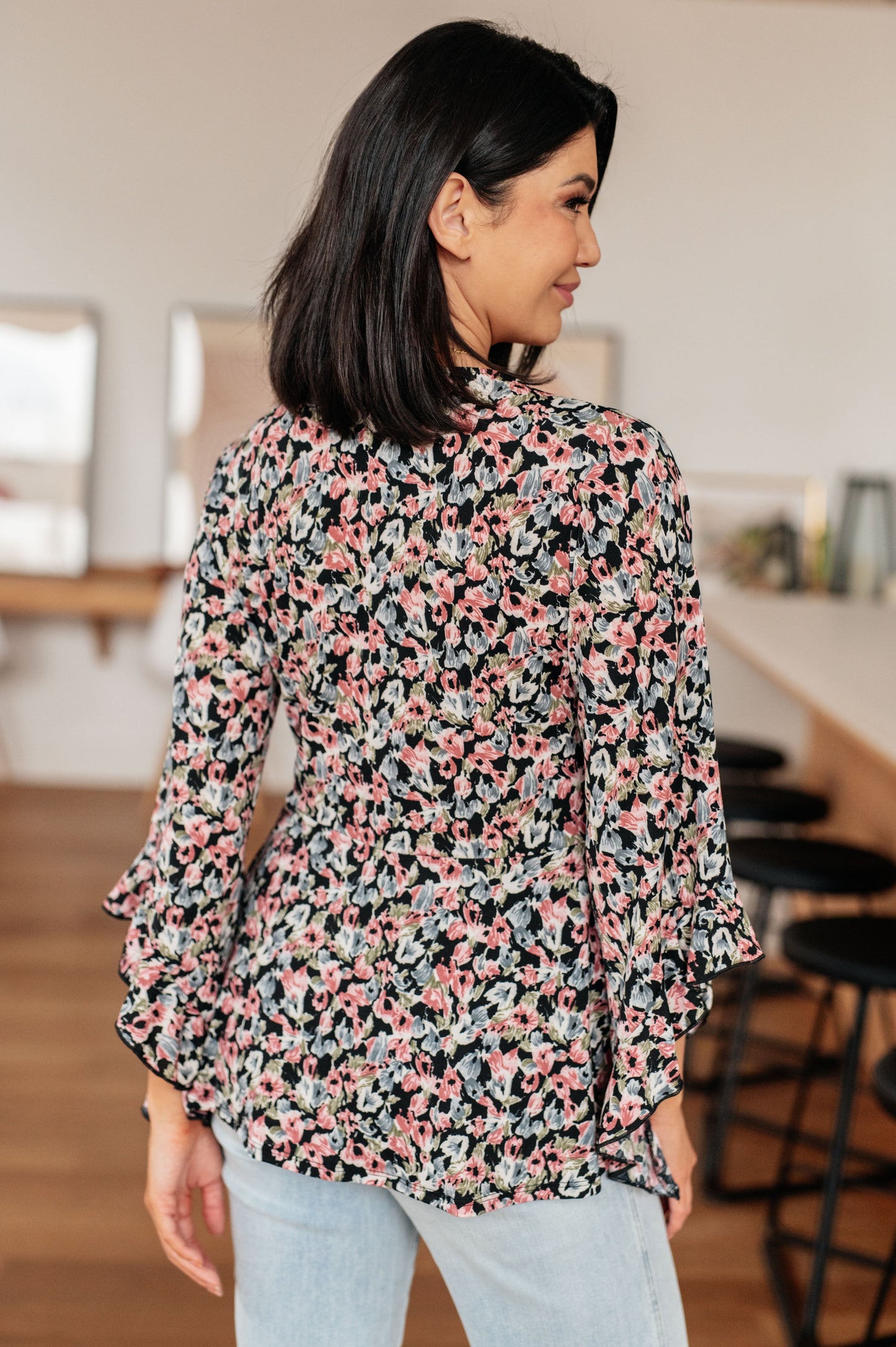 Have It All Angel Sleeve Top, Black Floral