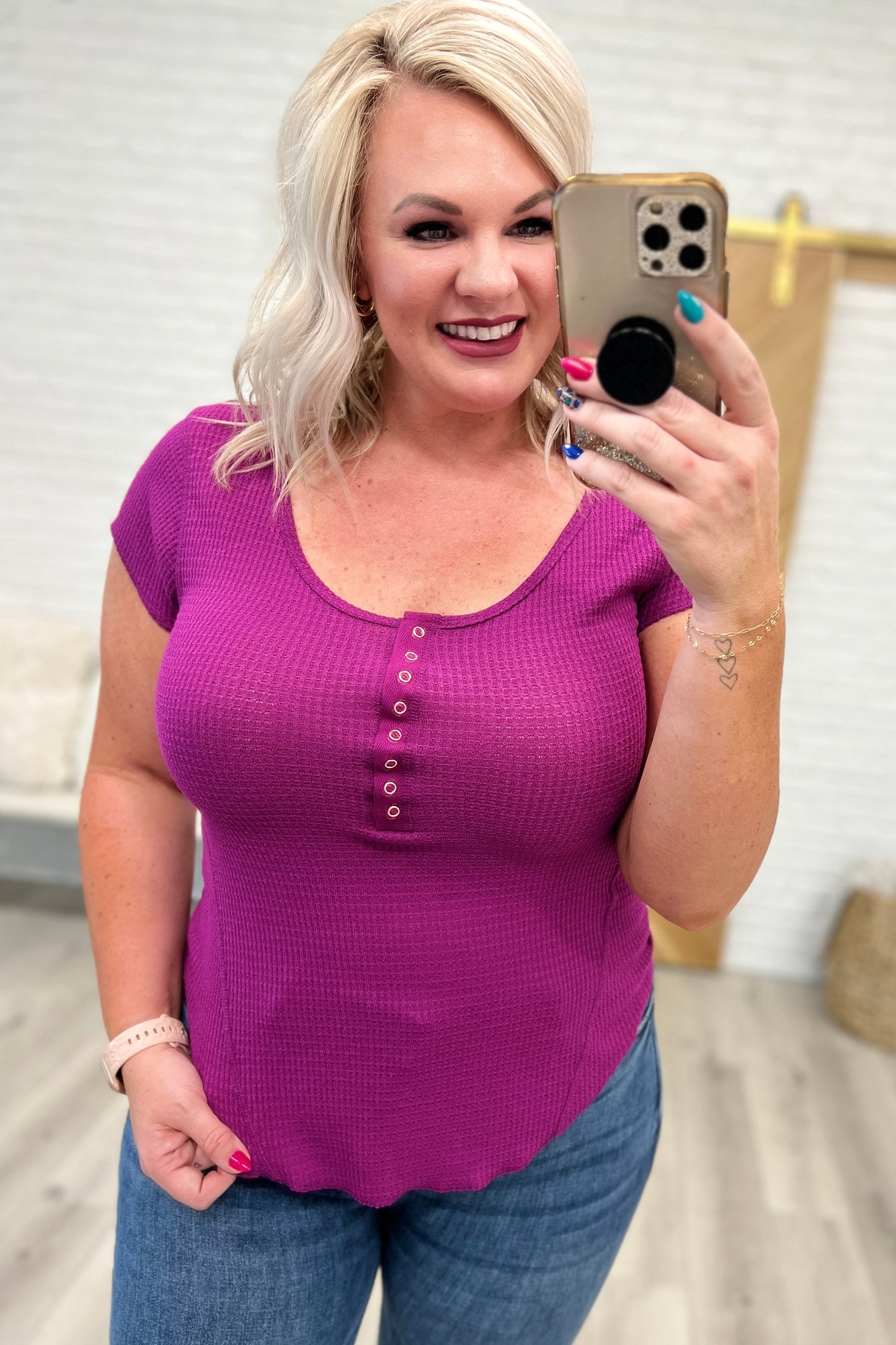 Baby Waffle Cap Sleeve Henley Top, Light Plum
