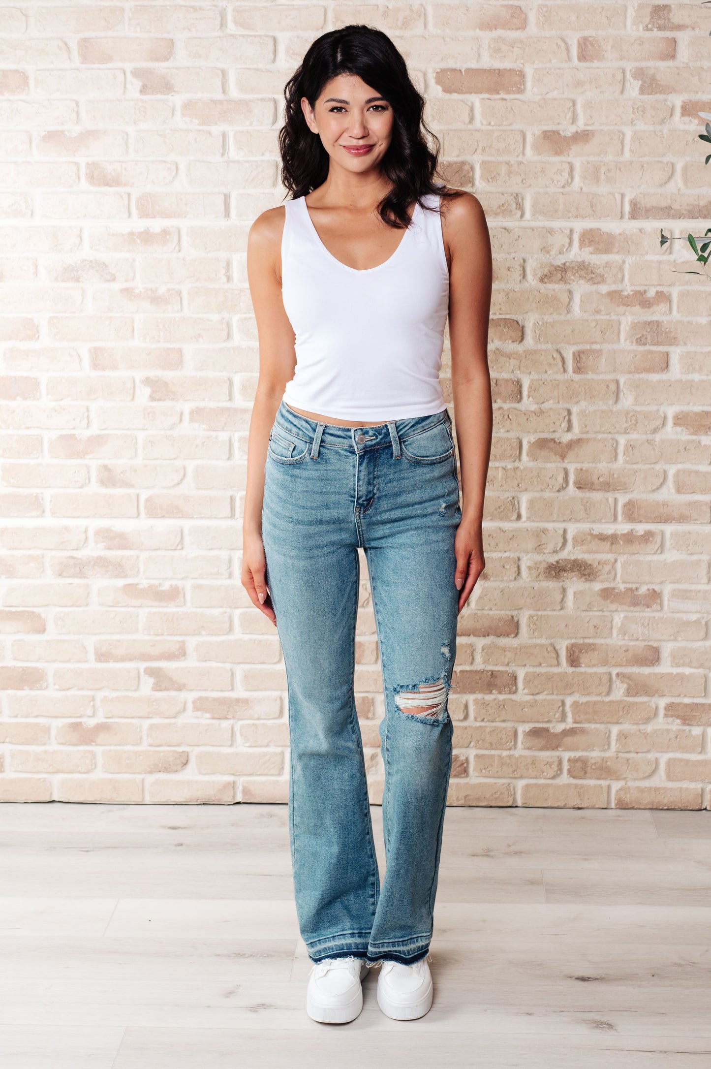 JUDY BLUE Isla Mid Rise Distressed Released Hem Bootcut Jeans