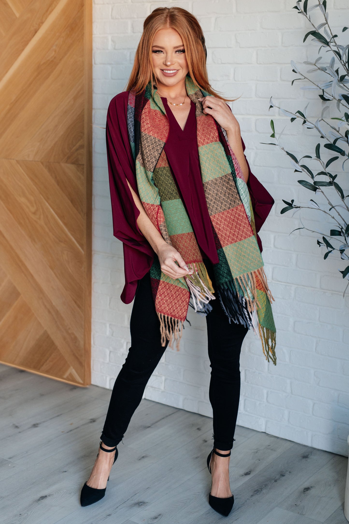 Keep Me Cozy Checkered Fringe Scarf, Berry