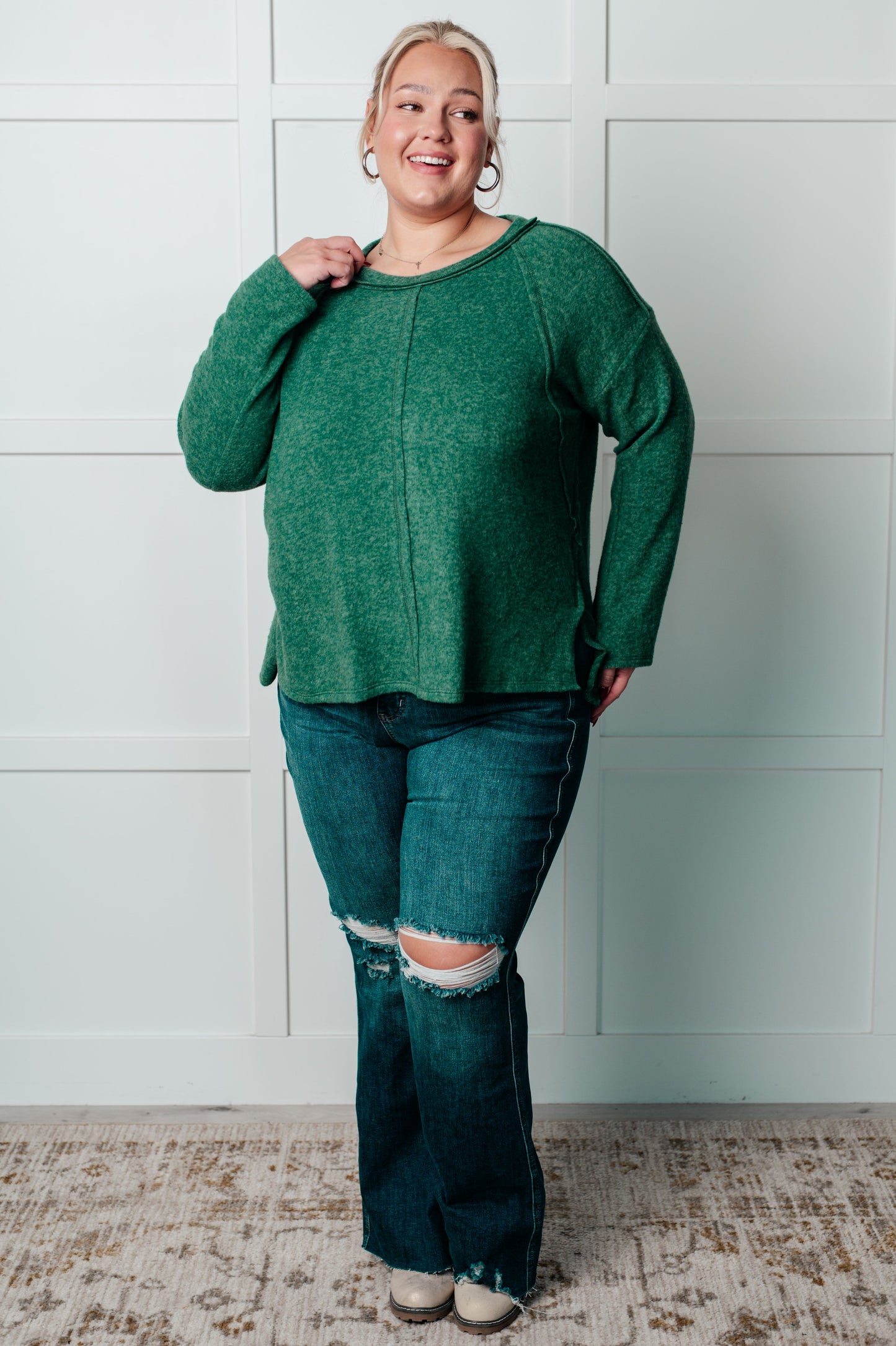 Simple Silhouette Brushed Hacci Sweater, Green