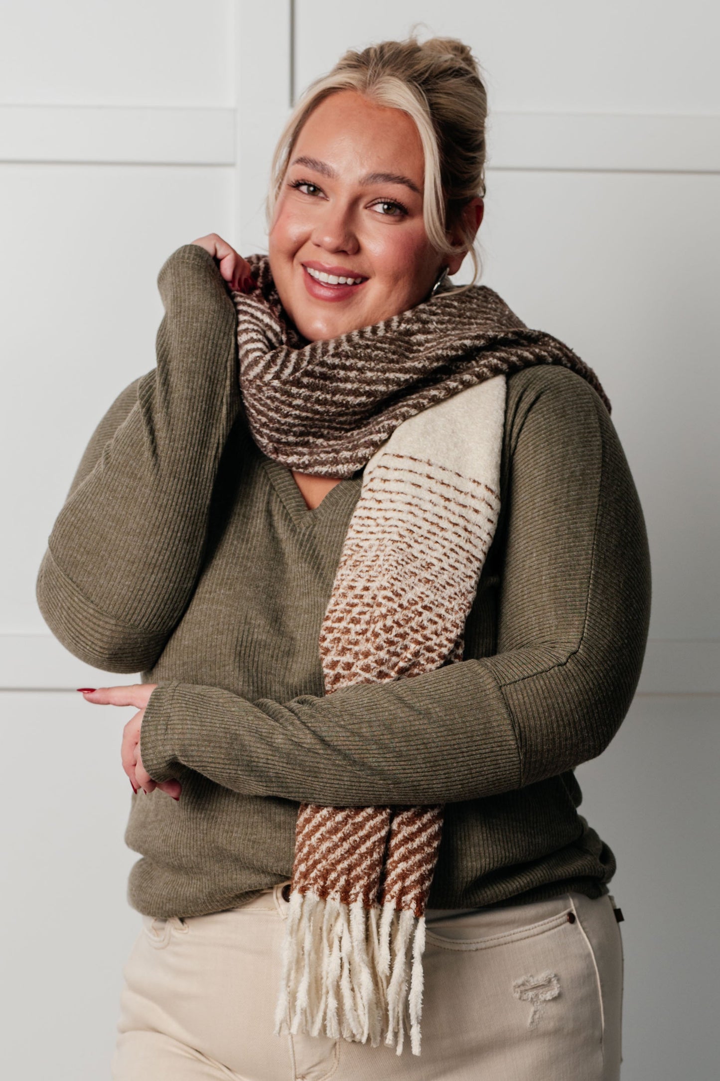 Cold Front Fringe Scarf, Coffee & Red