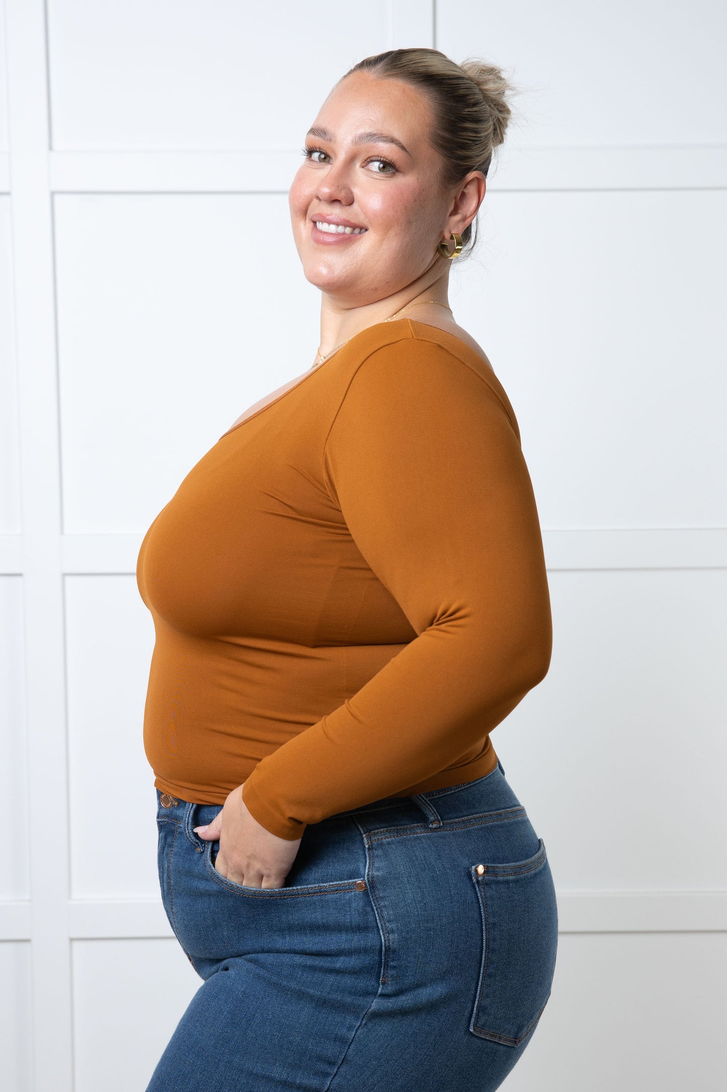 Bring In The Basics Seamless Reversible Long Sleeve Top, Caramel