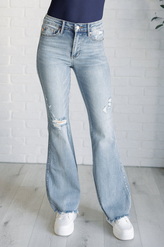 JUDY BLUE Caroline Mid Rise Tummy Control Distressed Flare Jeans