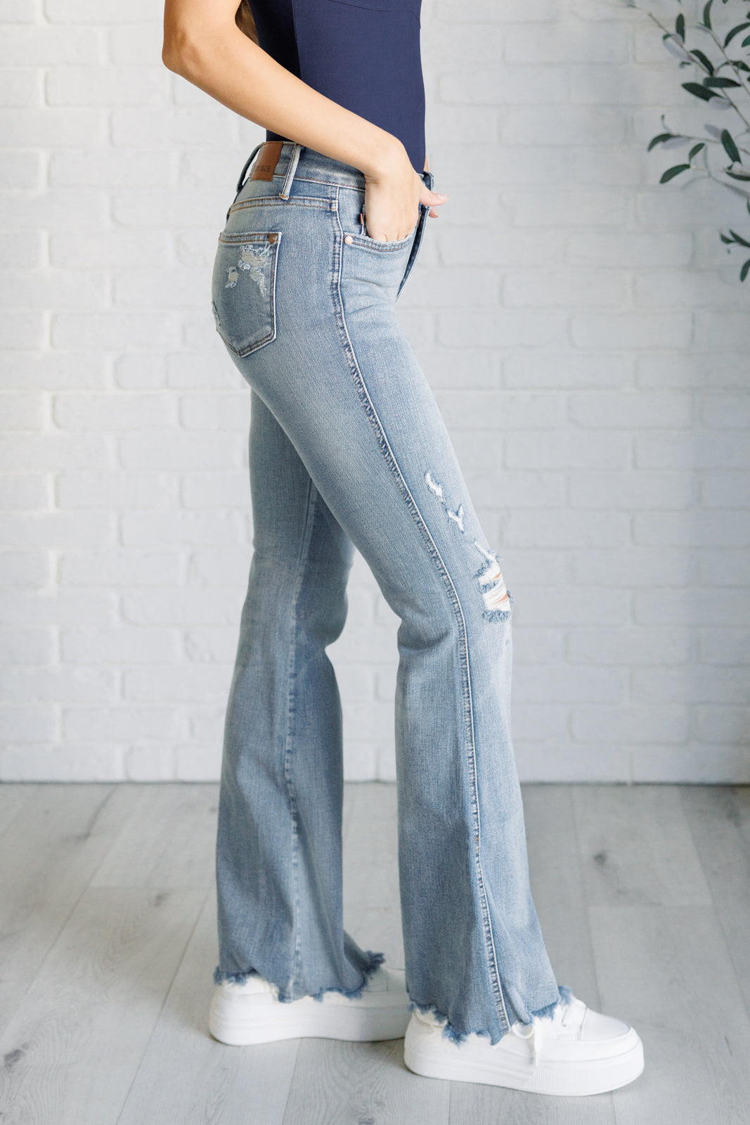 JUDY BLUE Caroline Mid Rise Tummy Control Distressed Flare Jeans