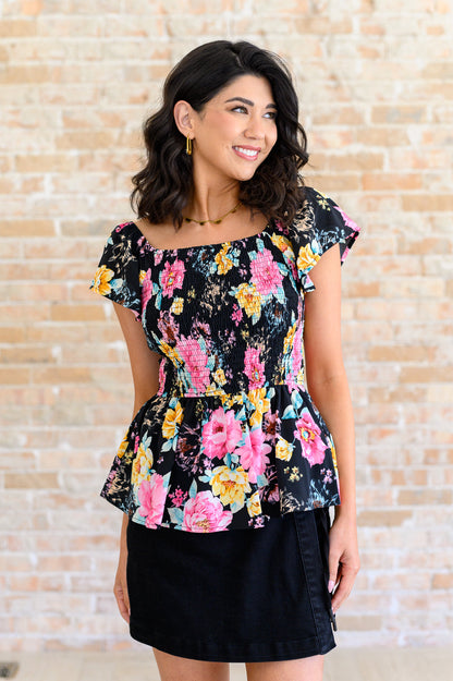 Constantly Cute Smocked Floral Top, Black