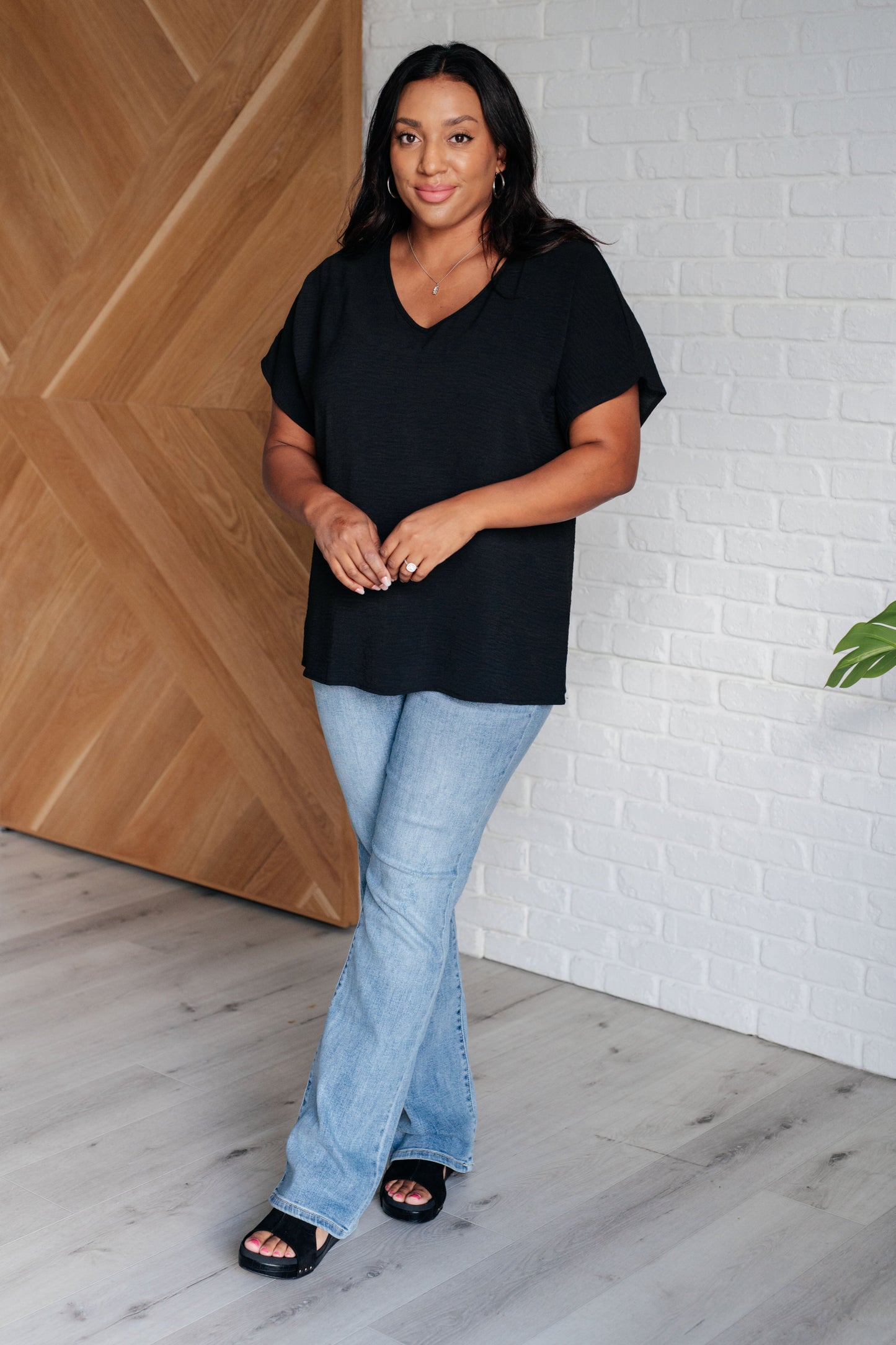 Sloane V-Neck Blouse Top, Black