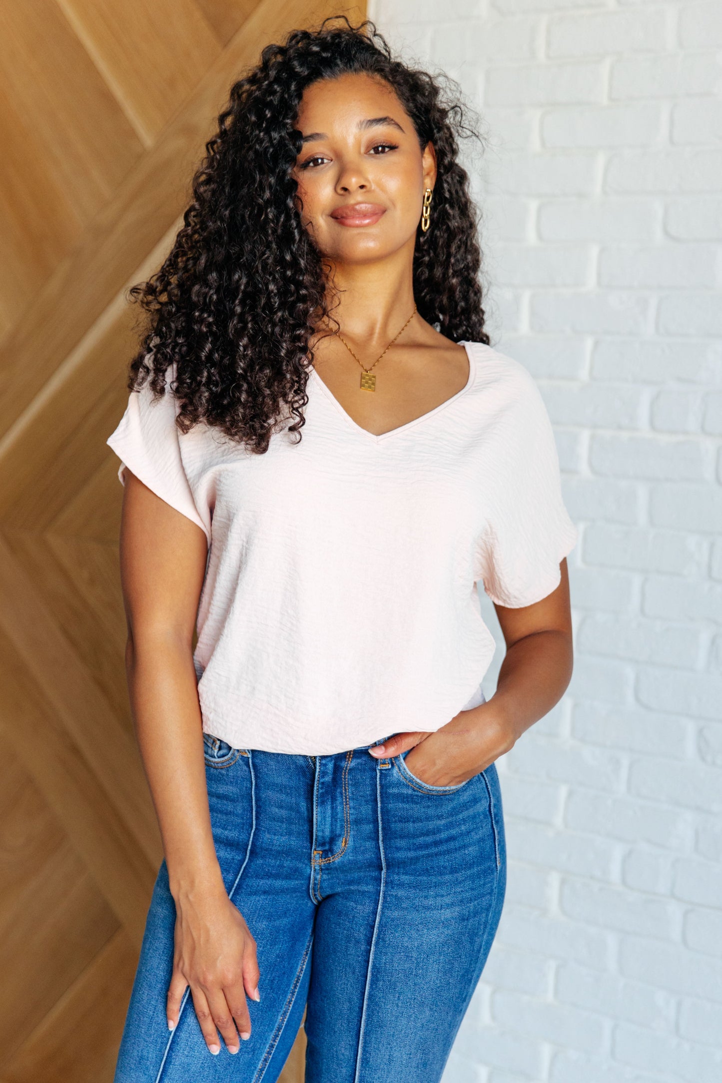 Sloane V-Neck Blouse Top, Blush