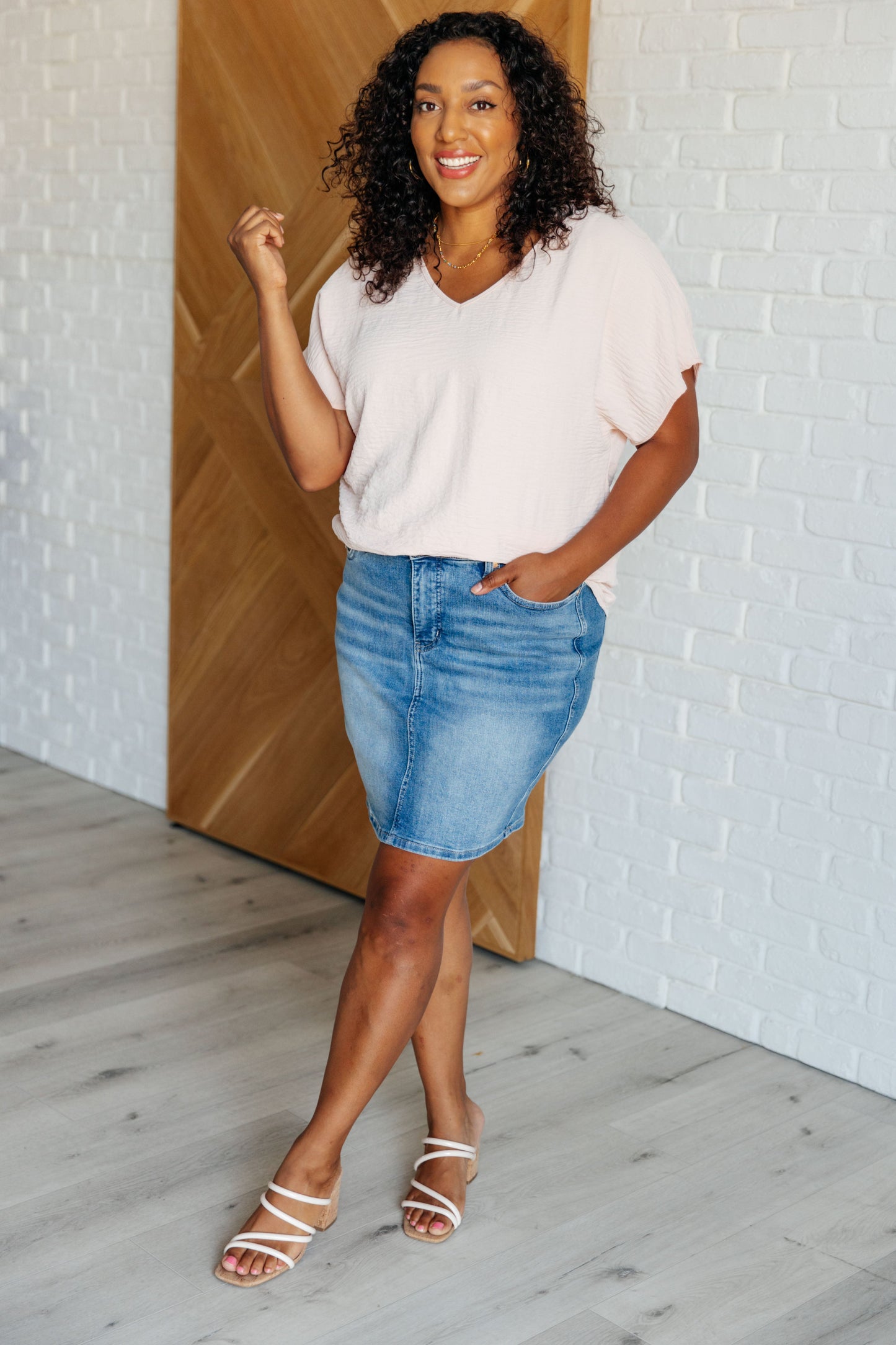 Sloane V-Neck Blouse Top, Blush