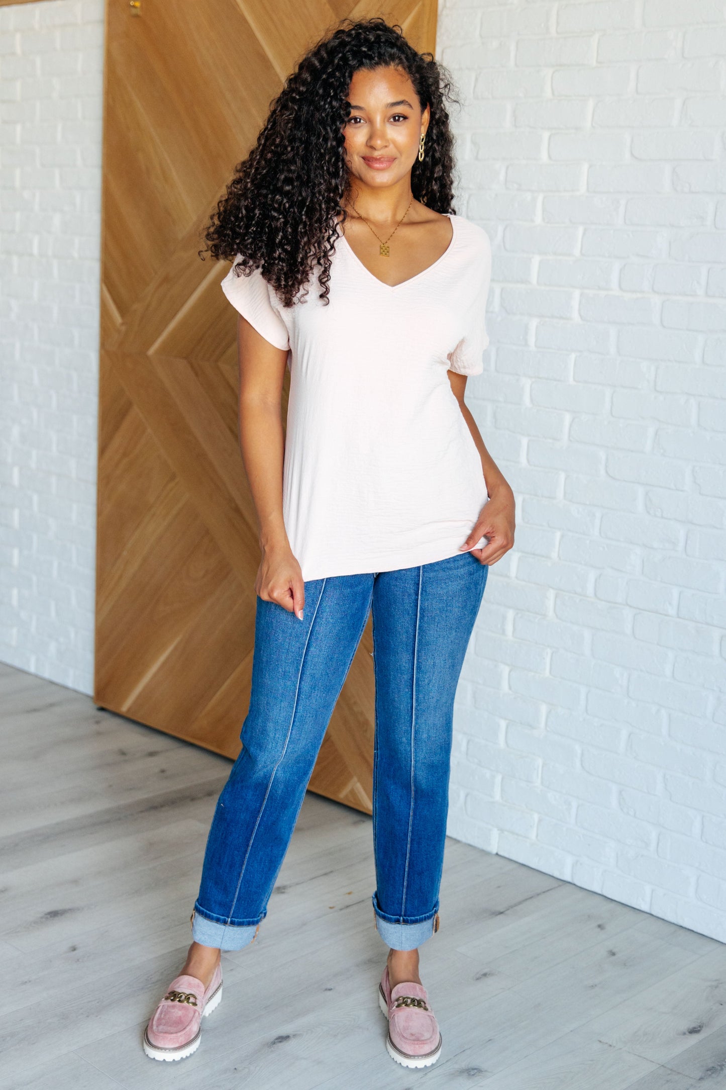 Sloane V-Neck Blouse Top, Blush