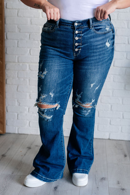 JUDY BLUE Gabriella Mid Rise Distressed Button Fly Flare Jeans