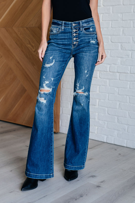 JUDY BLUE Gabriella Mid Rise Distressed Button Fly Flare Jeans