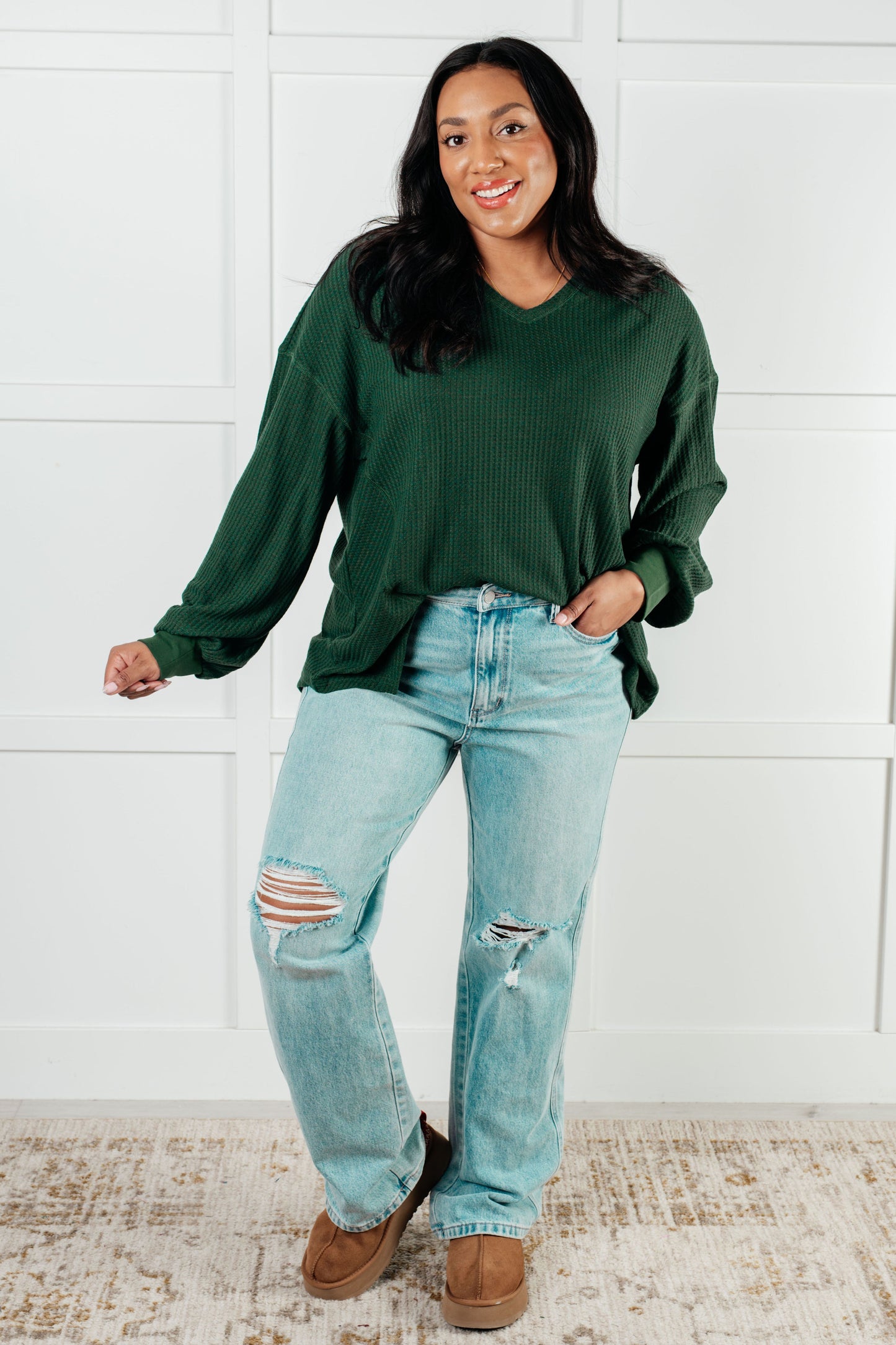 Good Things Are Coming Long Sleeve V-Neck Top, Green