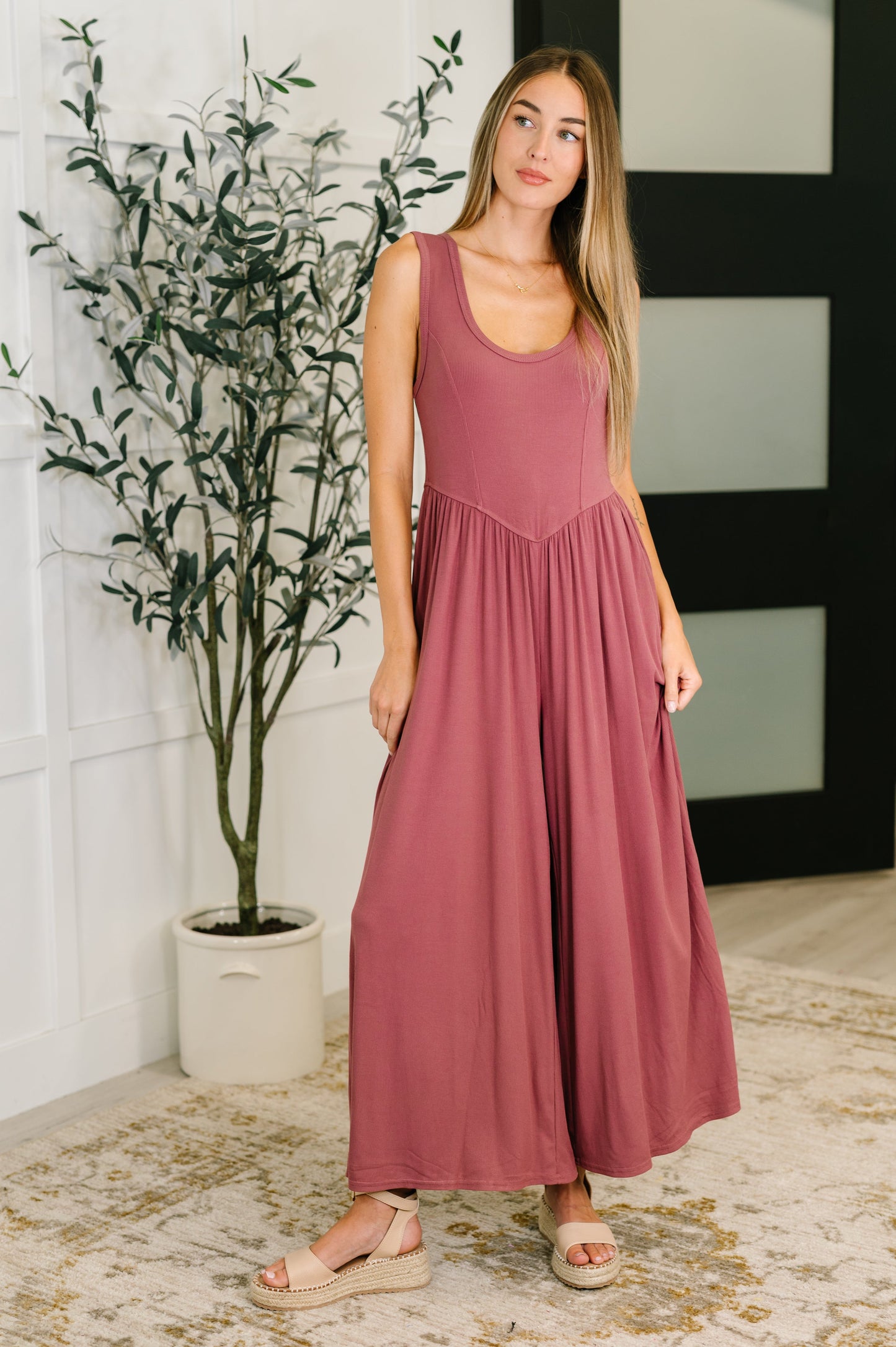 Marsala Basque Waist Wide Leg Jumpsuit