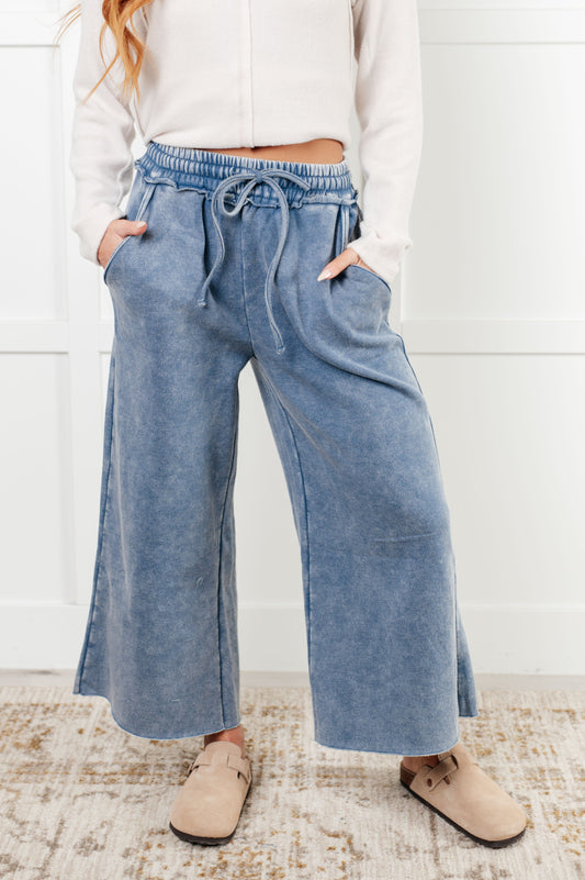 Mineral Wash Wide Leg Cropped Pants, Dusty Blue