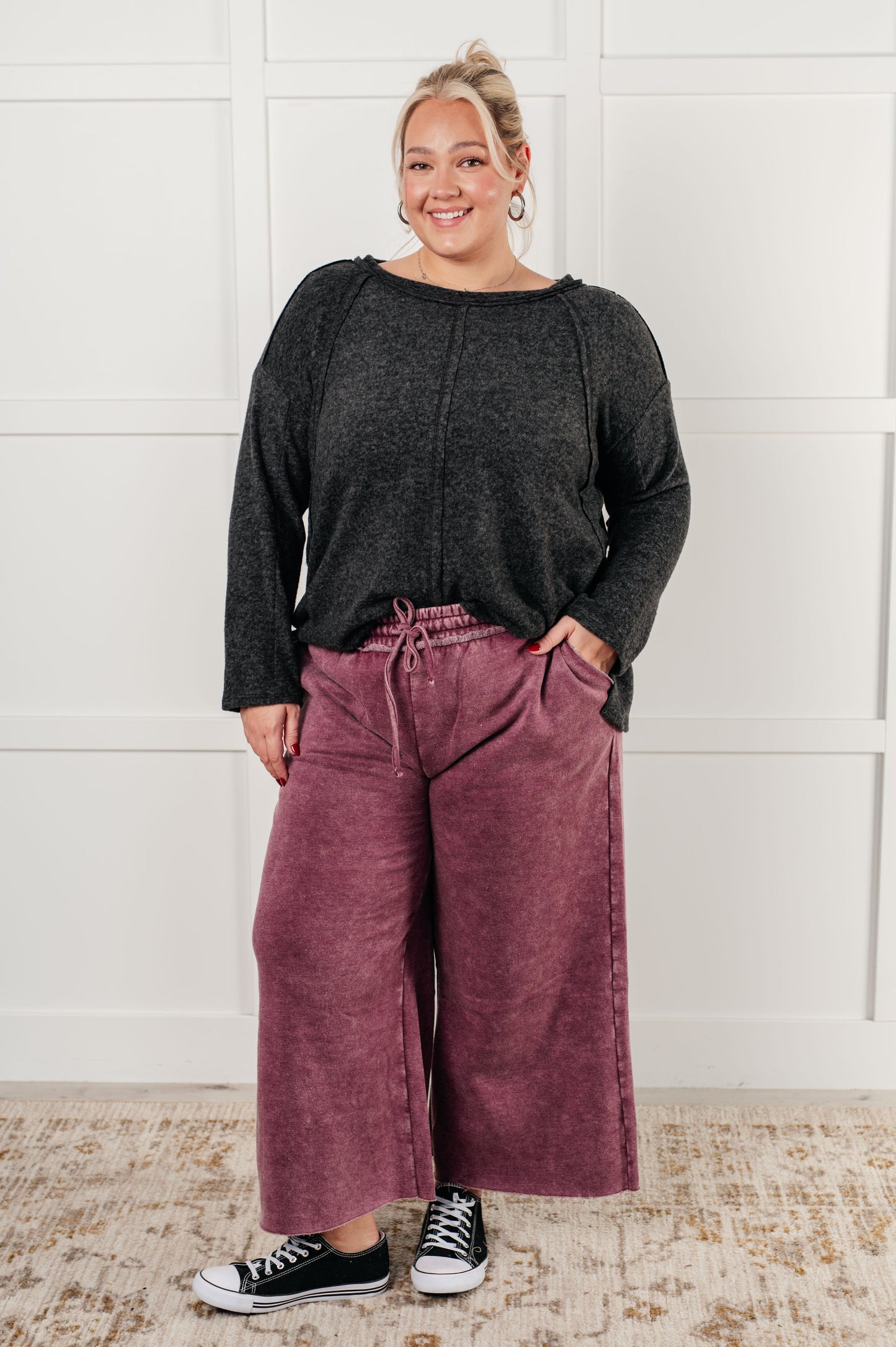 Mineral Wash Wide Leg Cropped Pants, Eggplant