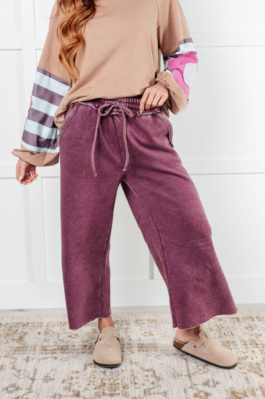 Mineral Wash Wide Leg Cropped Pants, Eggplant