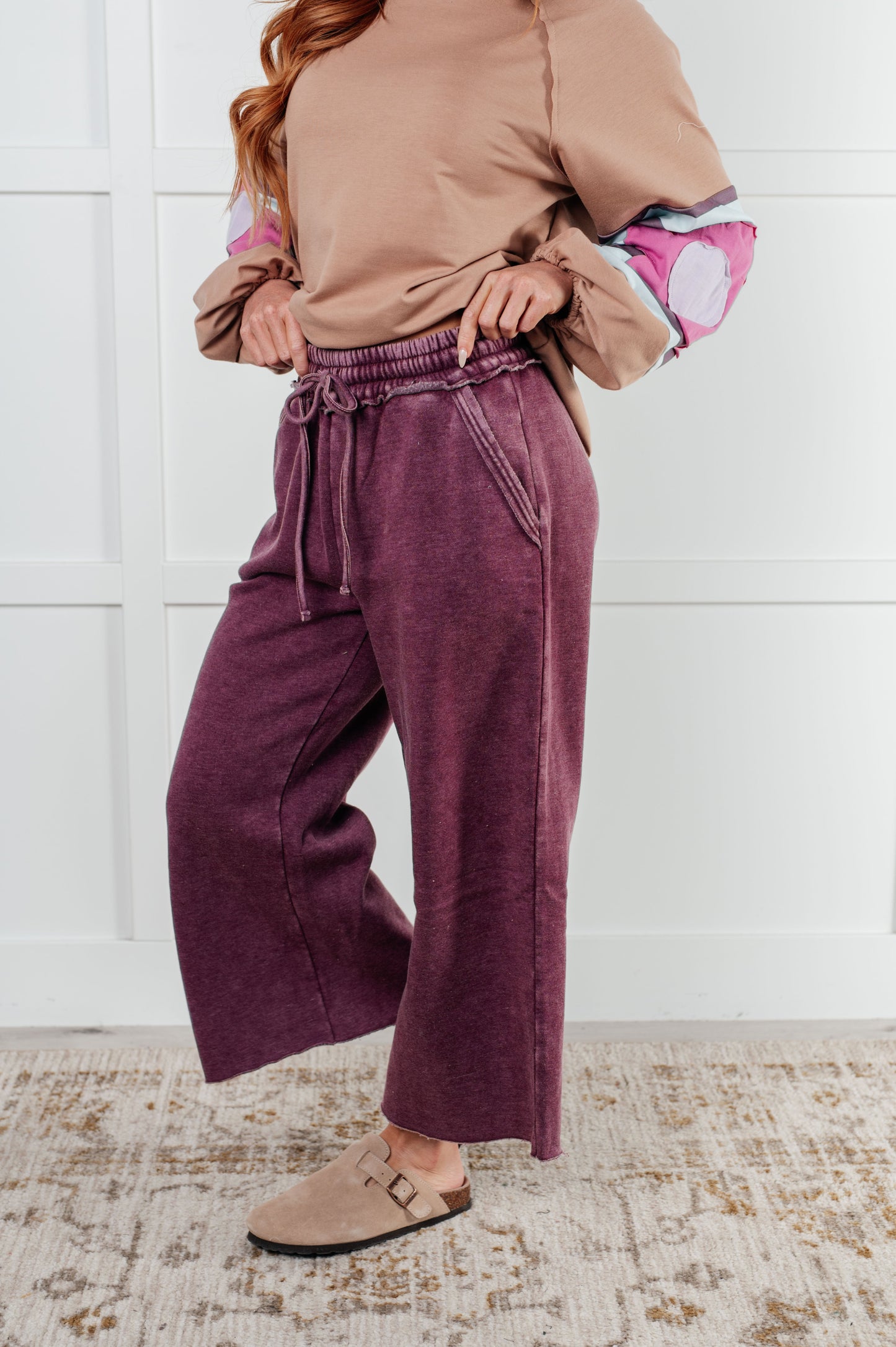 Mineral Wash Wide Leg Cropped Pants, Eggplant